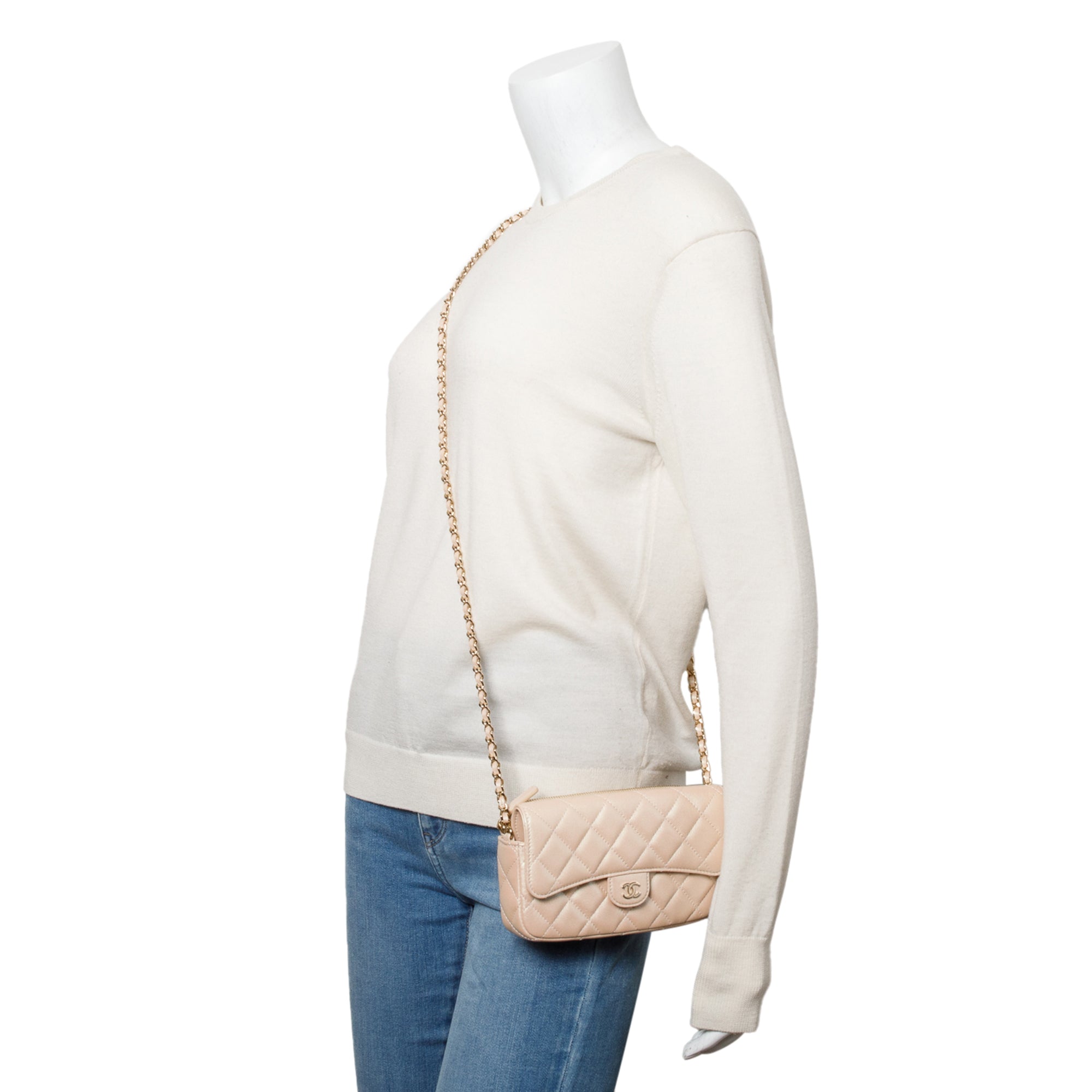 Chanel 2021 Beige Iridescent Quilted Calfskin Leather Classic Flap Phone Holder on Chain w/ Box & Receipt