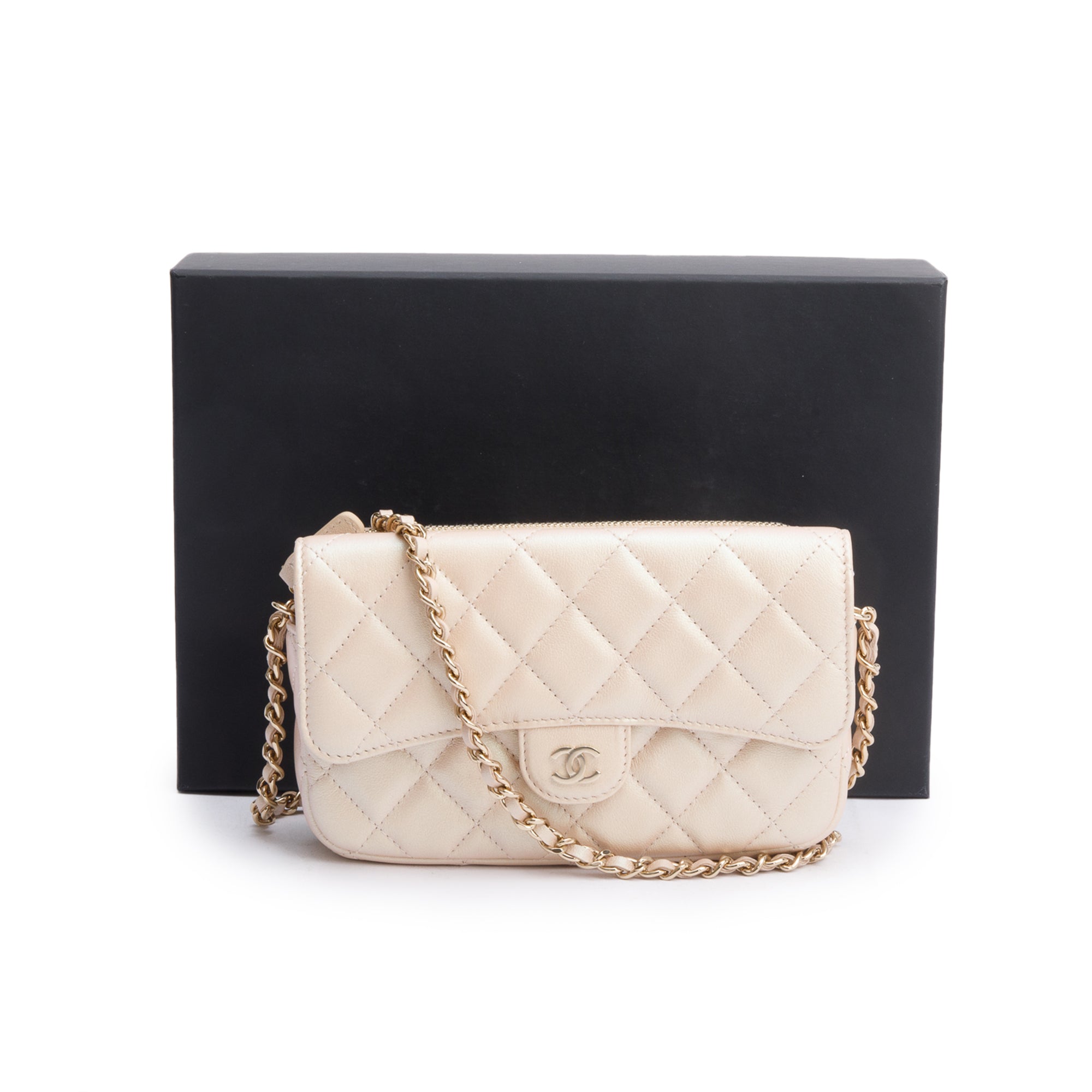 Chanel 2021 Beige Iridescent Quilted Calfskin Leather Classic Flap Phone Holder on Chain w/ Box & Receipt