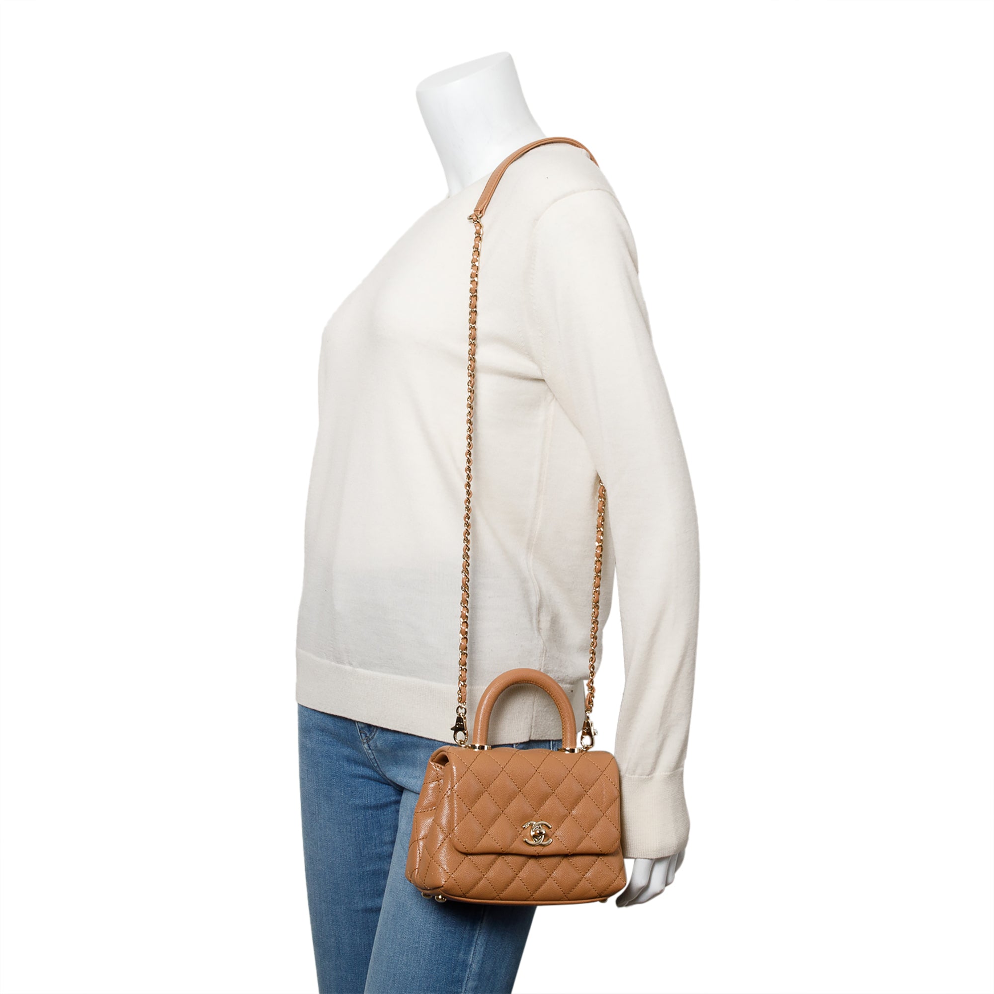 Chanel 2021 Beige Quilted Caviar Leather Mini Coco Top Handle Flap Bag w/ Box & Authenticity Card