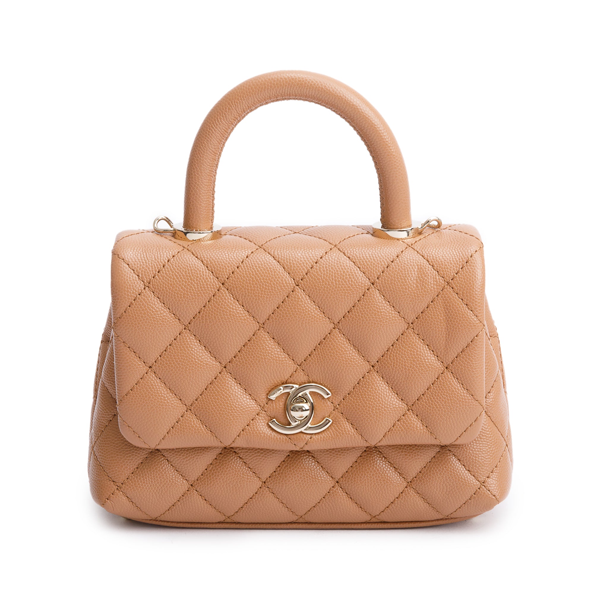 Chanel 2021 Beige Quilted Caviar Leather Mini Coco Top Handle Flap Bag w/ Box & Authenticity Card