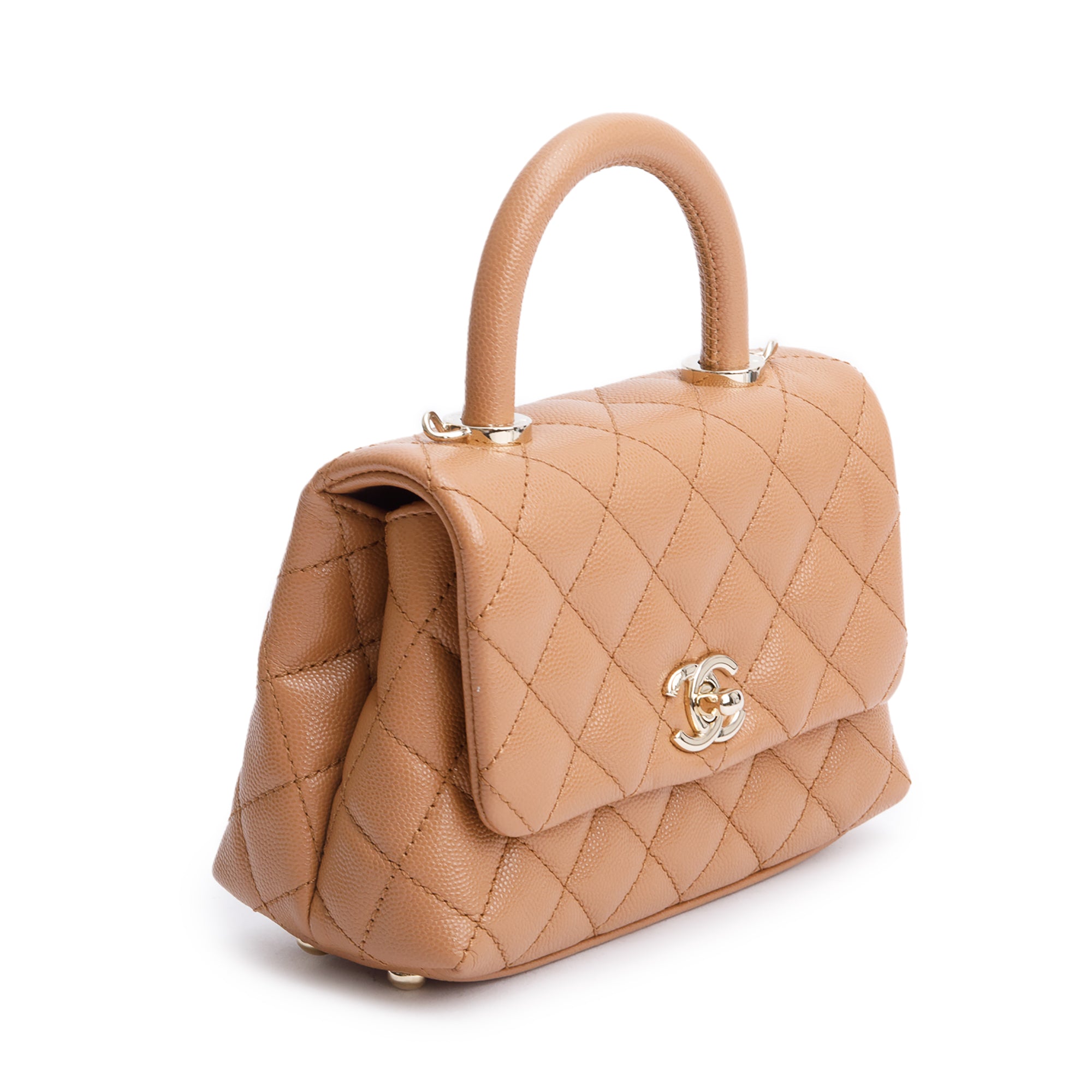 Chanel 2021 Beige Quilted Caviar Leather Mini Coco Top Handle Flap Bag w/ Box & Authenticity Card