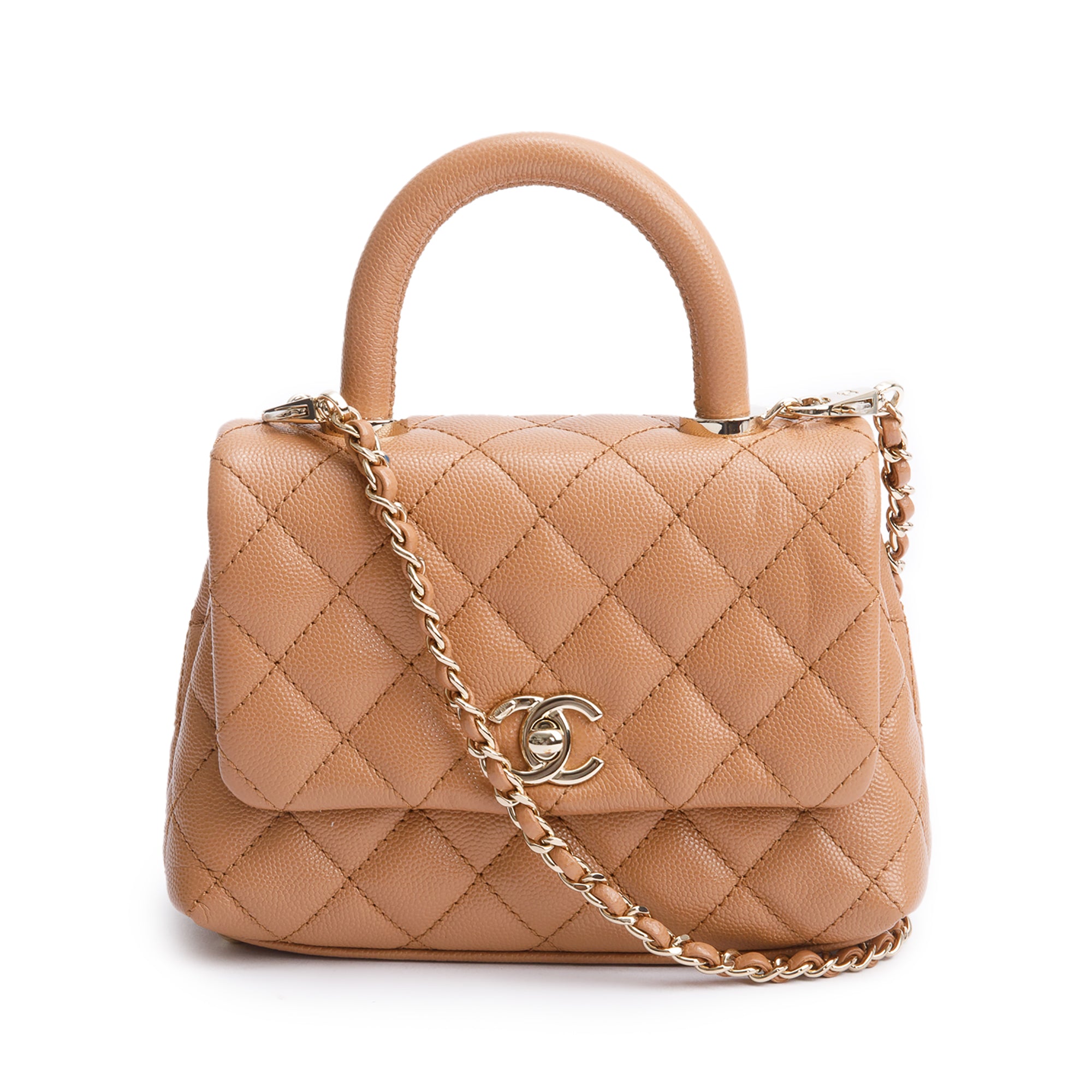 Chanel 2021 Beige Quilted Caviar Leather Mini Coco Top Handle Flap Bag w/ Box & Authenticity Card