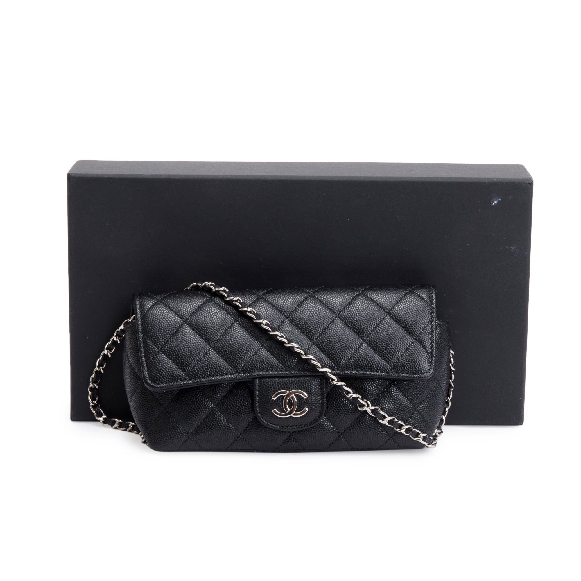 Chanel 2021 Black Quilted Caviar Leather Classic Sunglasses Case on Chain w/ Box