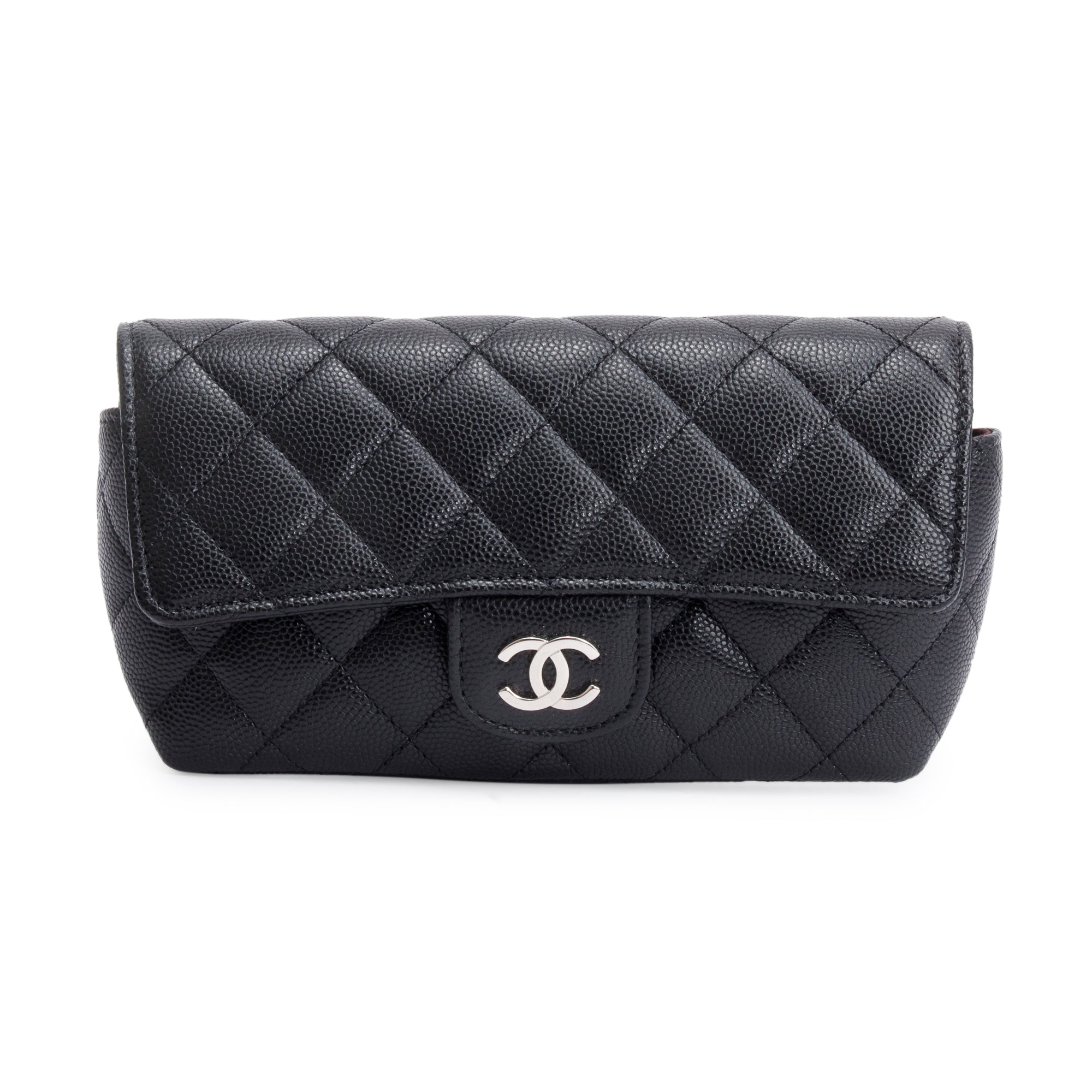 Chanel 2021 Black Quilted Caviar Leather Classic Sunglasses Case on Chain w/ Box