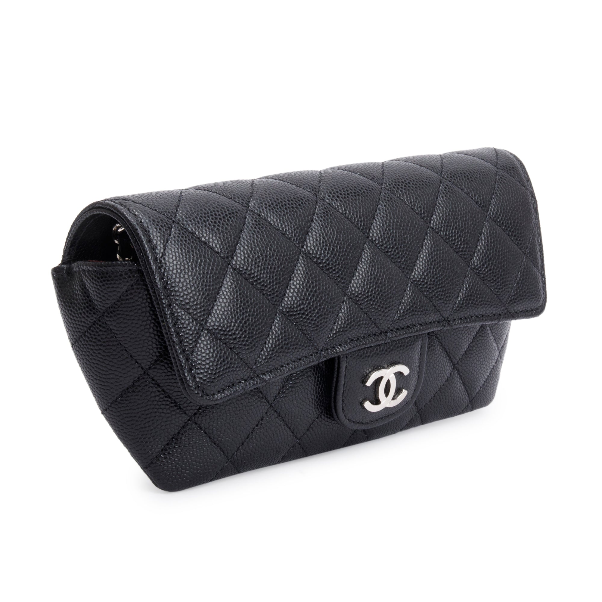 Chanel 2021 Black Quilted Caviar Leather Classic Sunglasses Case on Chain w/ Box