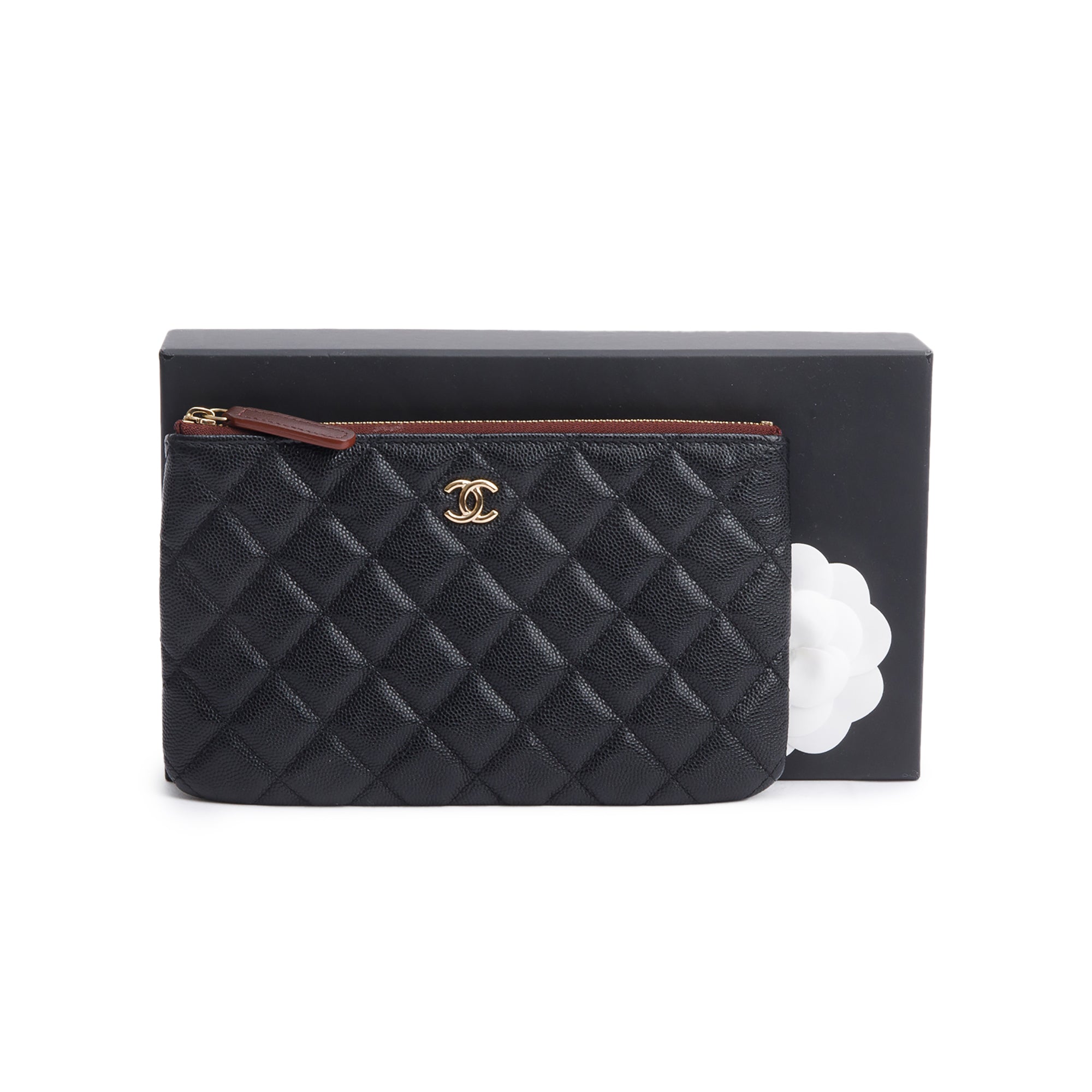 Chanel 2021 Black Quilted Caviar Leather Classic Zipped Pouch w/ Box & Authenticity Card