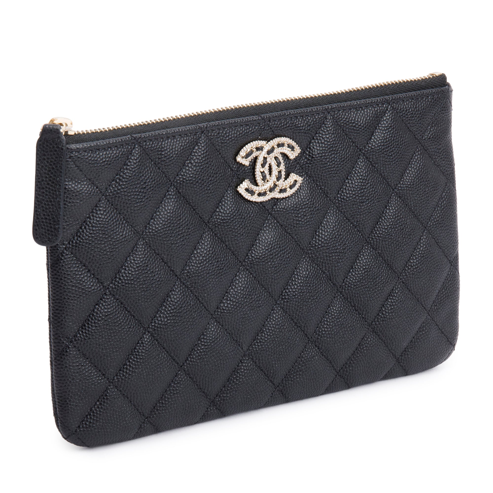 Chanel 2021 Black Quilted Caviar Leather Small CC Strass O-Case Clutch w/ Box, Receipt & Authenticity Card