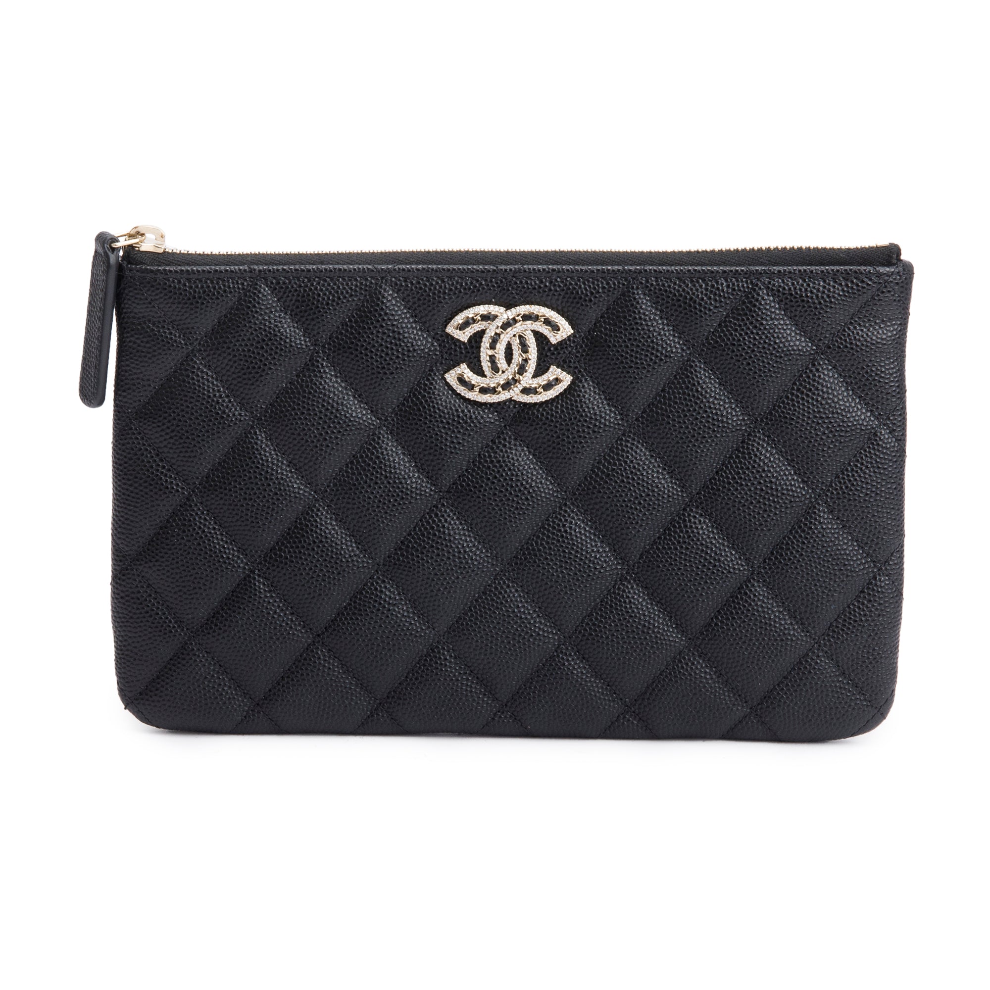 Chanel 2021 Black Quilted Caviar Leather Small CC Strass O-Case Clutch w/ Box, Receipt & Authenticity Card