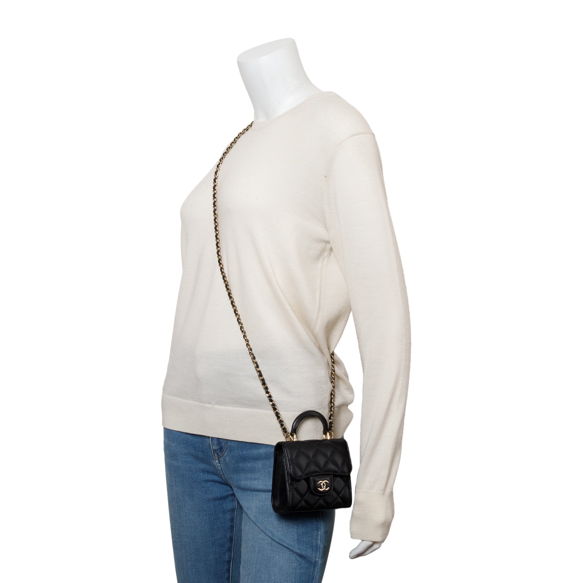 Chanel 2021 Black Quilted Lambskin Leather Mini Top Handle Clutch on Chain w/ Authenticity Card