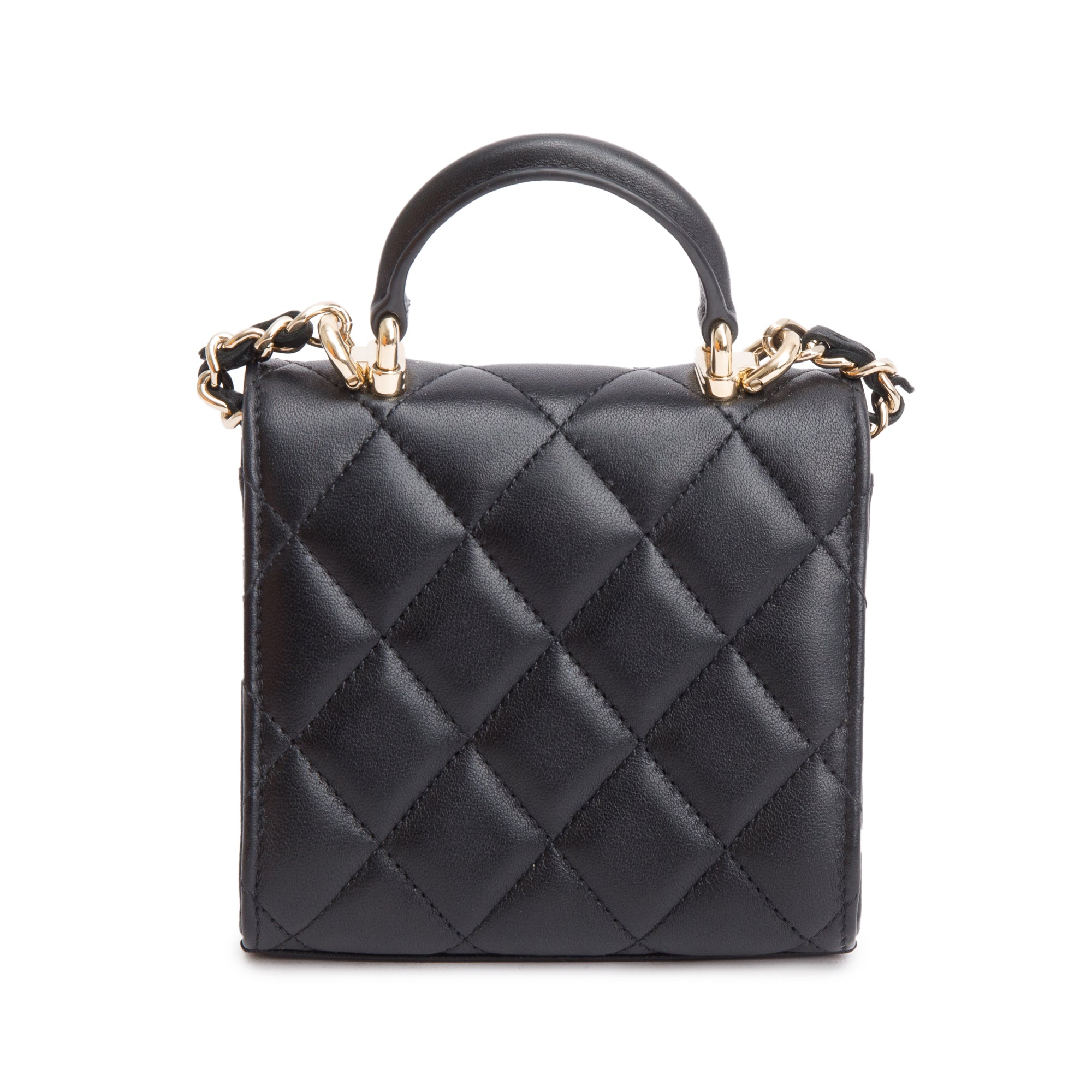 Chanel 2021 Black Quilted Lambskin Leather Mini Top Handle Clutch on Chain w/ Authenticity Card