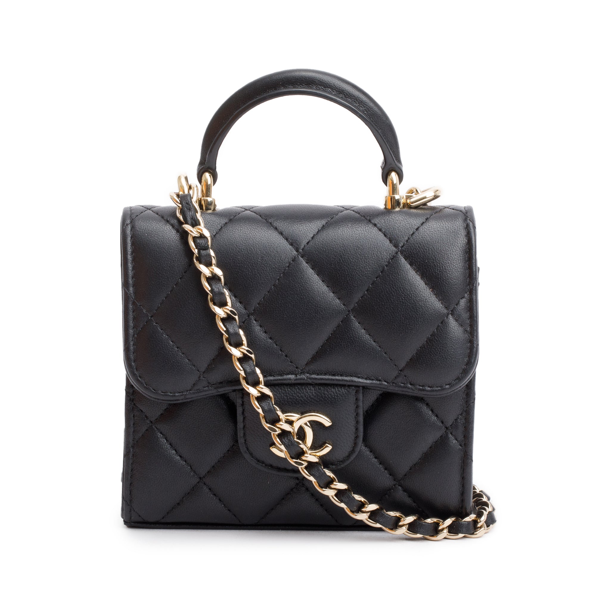 Chanel 2021 Black Quilted Lambskin Leather Mini Top Handle Clutch on Chain w/ Authenticity Card