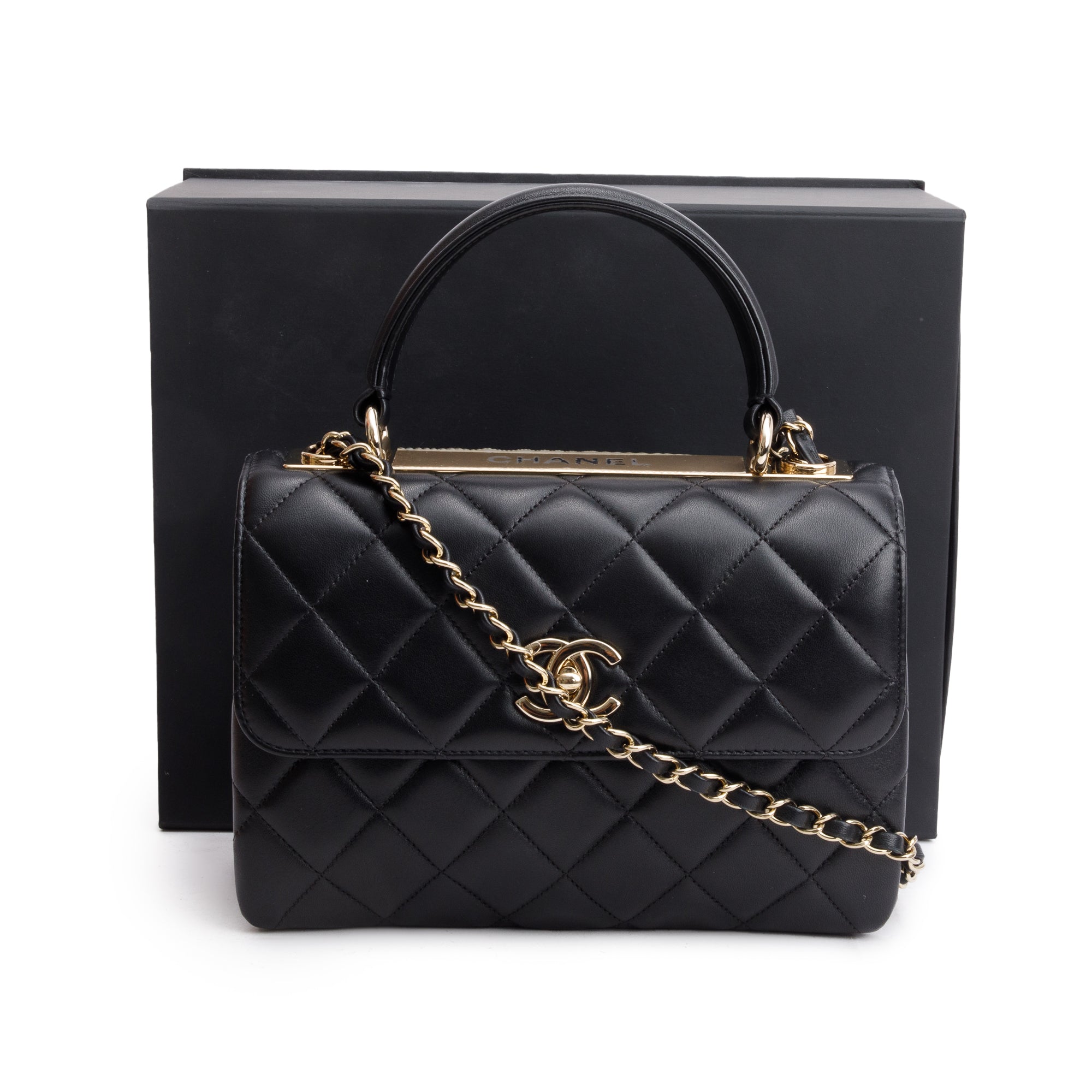Chanel 2021 Black Quilted Lambskin Trendy CC Small Top Handle Flap Bag w/ Box