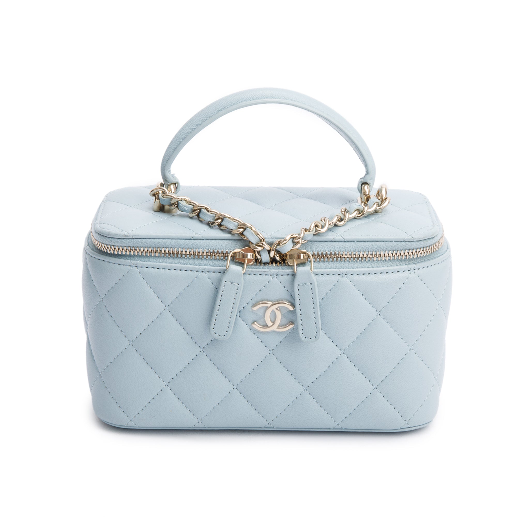 Chanel 2021 Blue Lambskin Leather Small Top Handle Vanity Case w/ Box