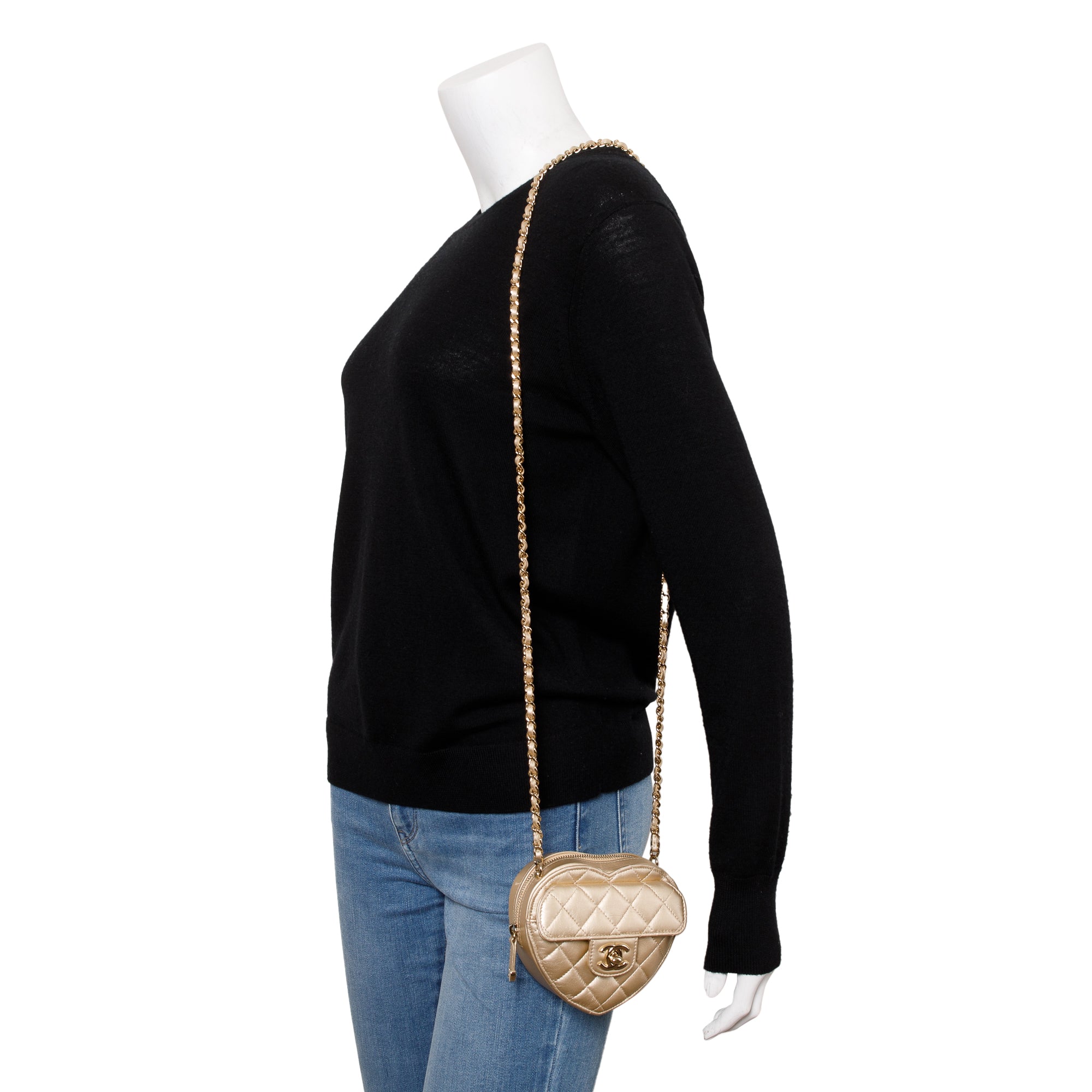 Chanel 2021 Gold Lambskin Leather Mini CC In Love Heart Bag w/ Box & Authenticity Card