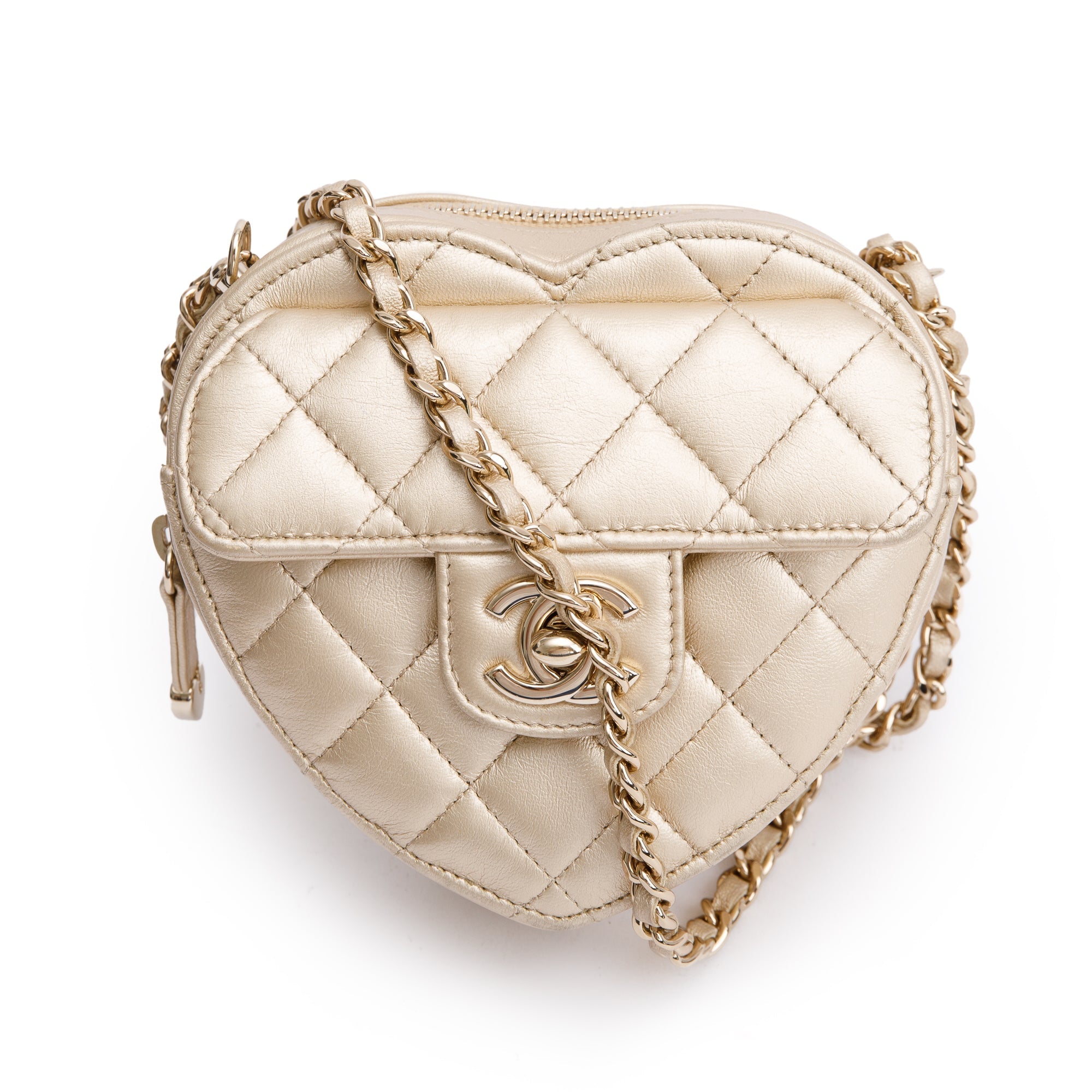 Chanel 2021 Gold Lambskin Leather Mini CC In Love Heart Bag w/ Box & Authenticity Card