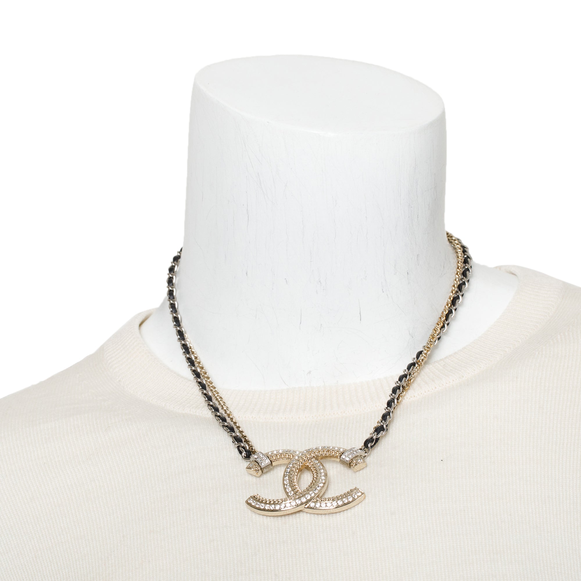 Chanel 2021 Gold & Palladium Plated Black Leather & Strass CC Pendant Necklace