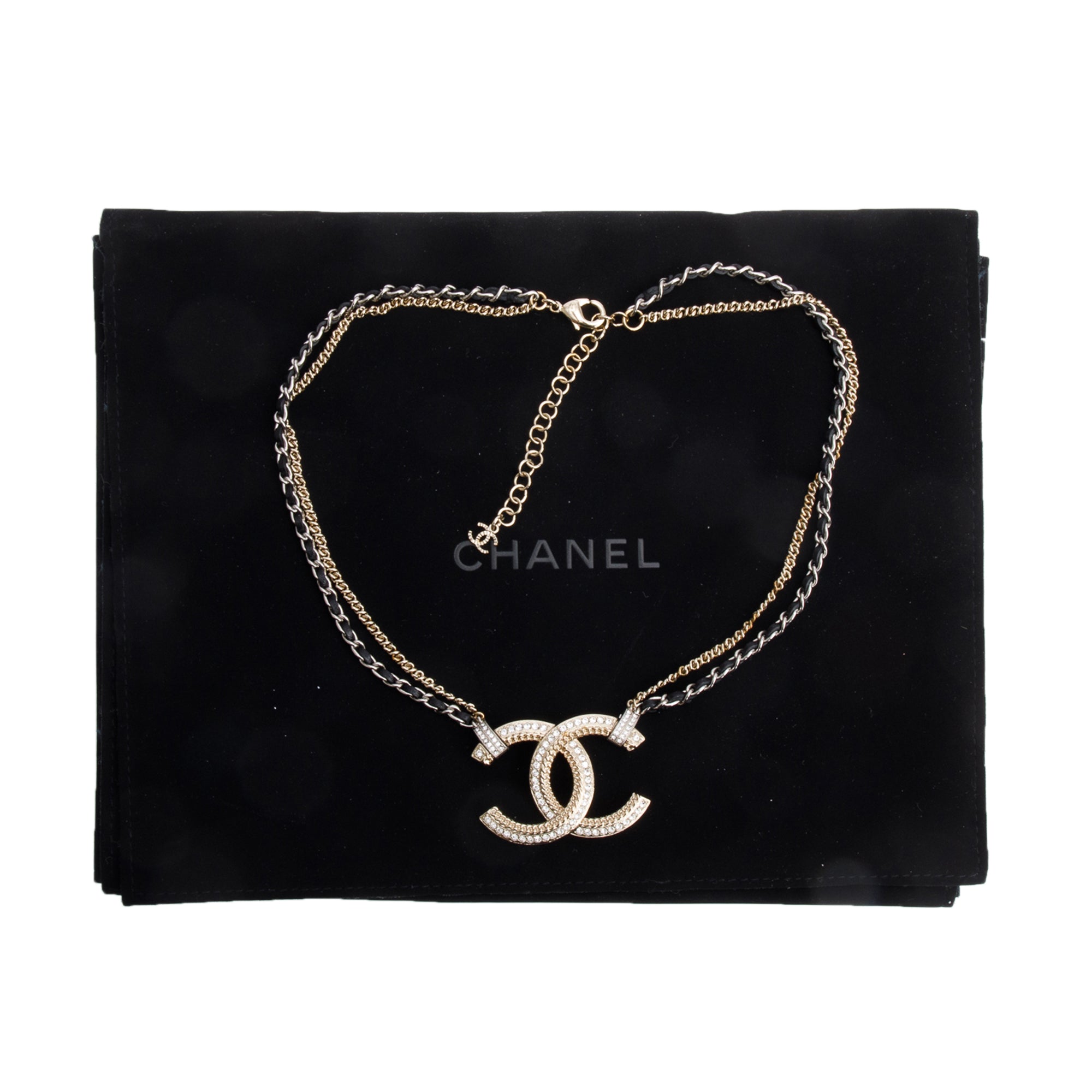 Chanel 2021 Gold & Palladium Plated Black Leather & Strass CC Pendant Necklace