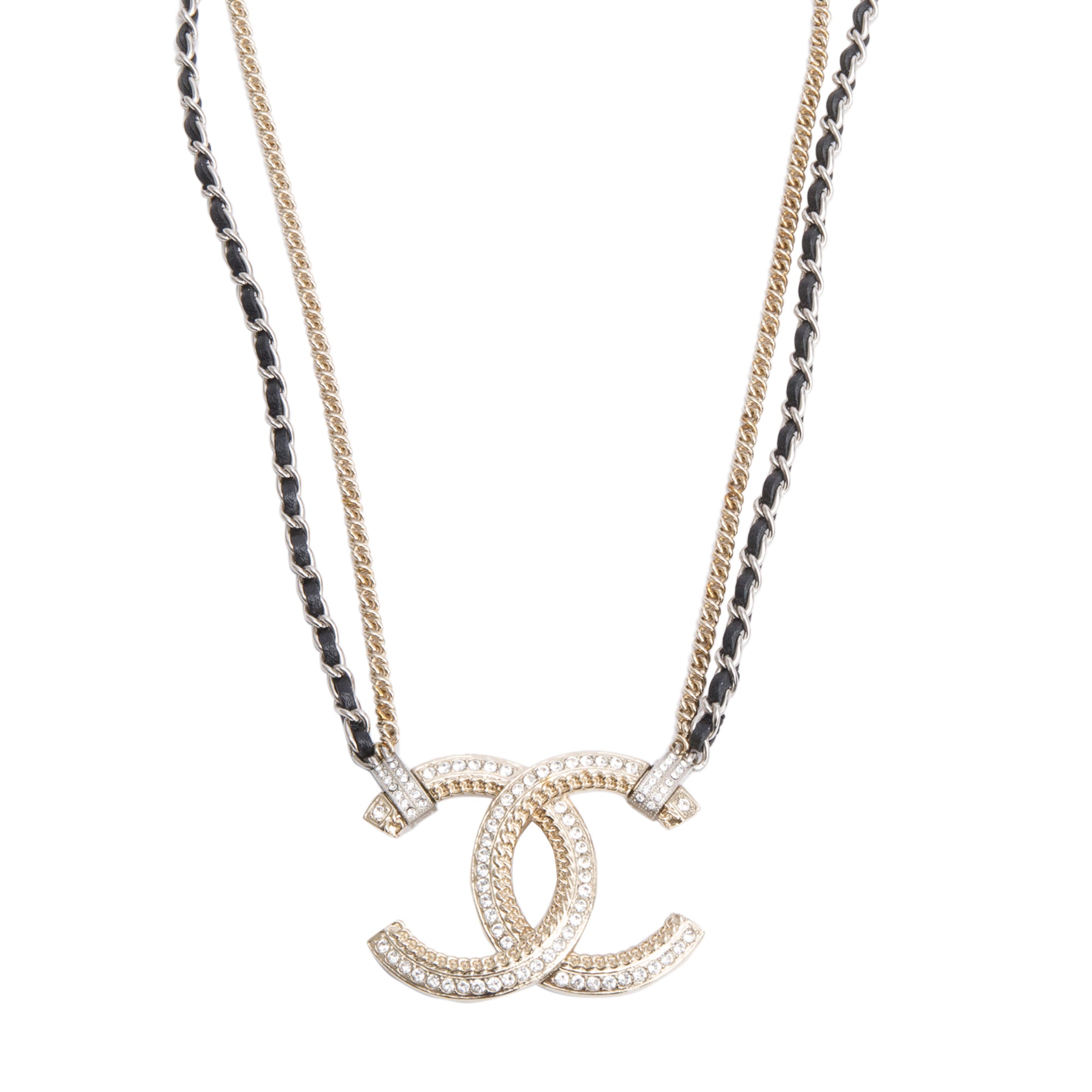 Chanel 2021 Gold & Palladium Plated Black Leather & Strass CC Pendant Necklace