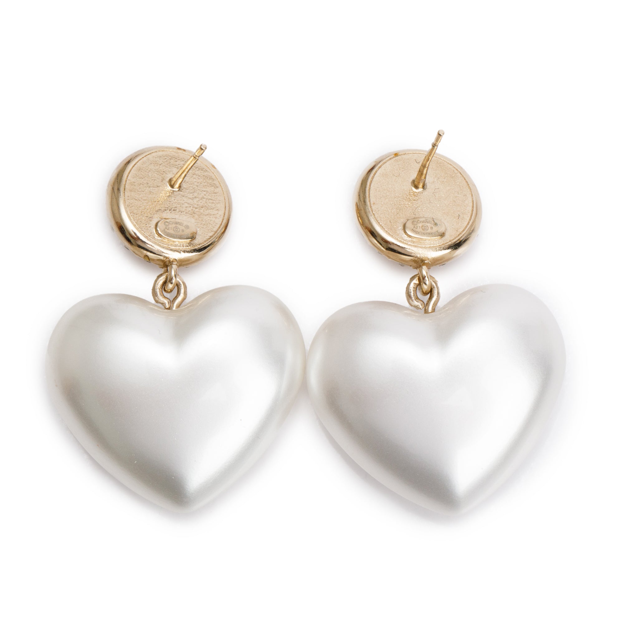Chanel 2021 Gold Plated Faux Pearl Strass CC Heart Drop Earrings