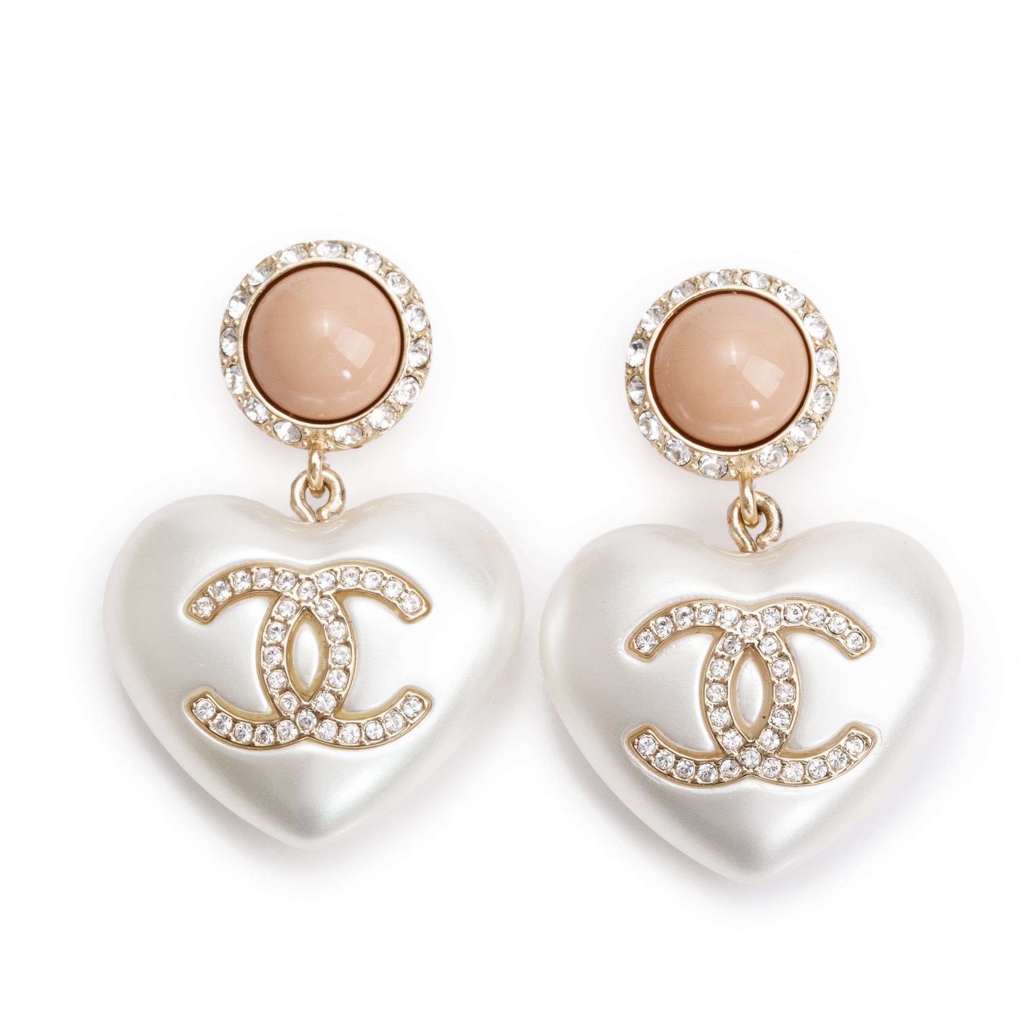 Chanel 2021 Gold Plated Faux Pearl Strass CC Heart Drop Earrings