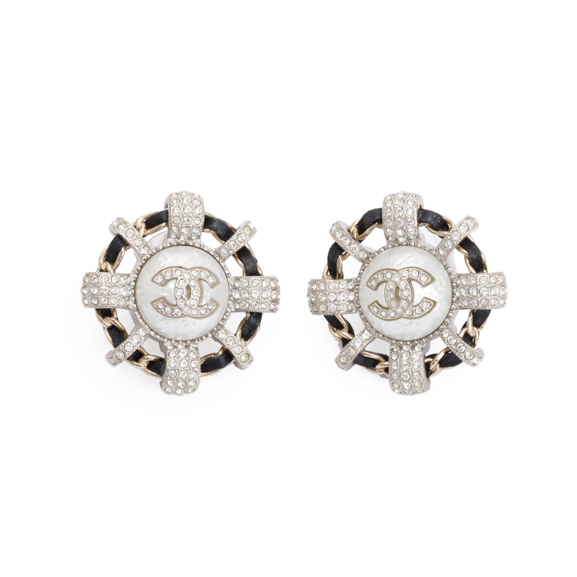 Chanel 2021 Gold Plated Faux Pearl, Strass & Leather CC Stud Earrings