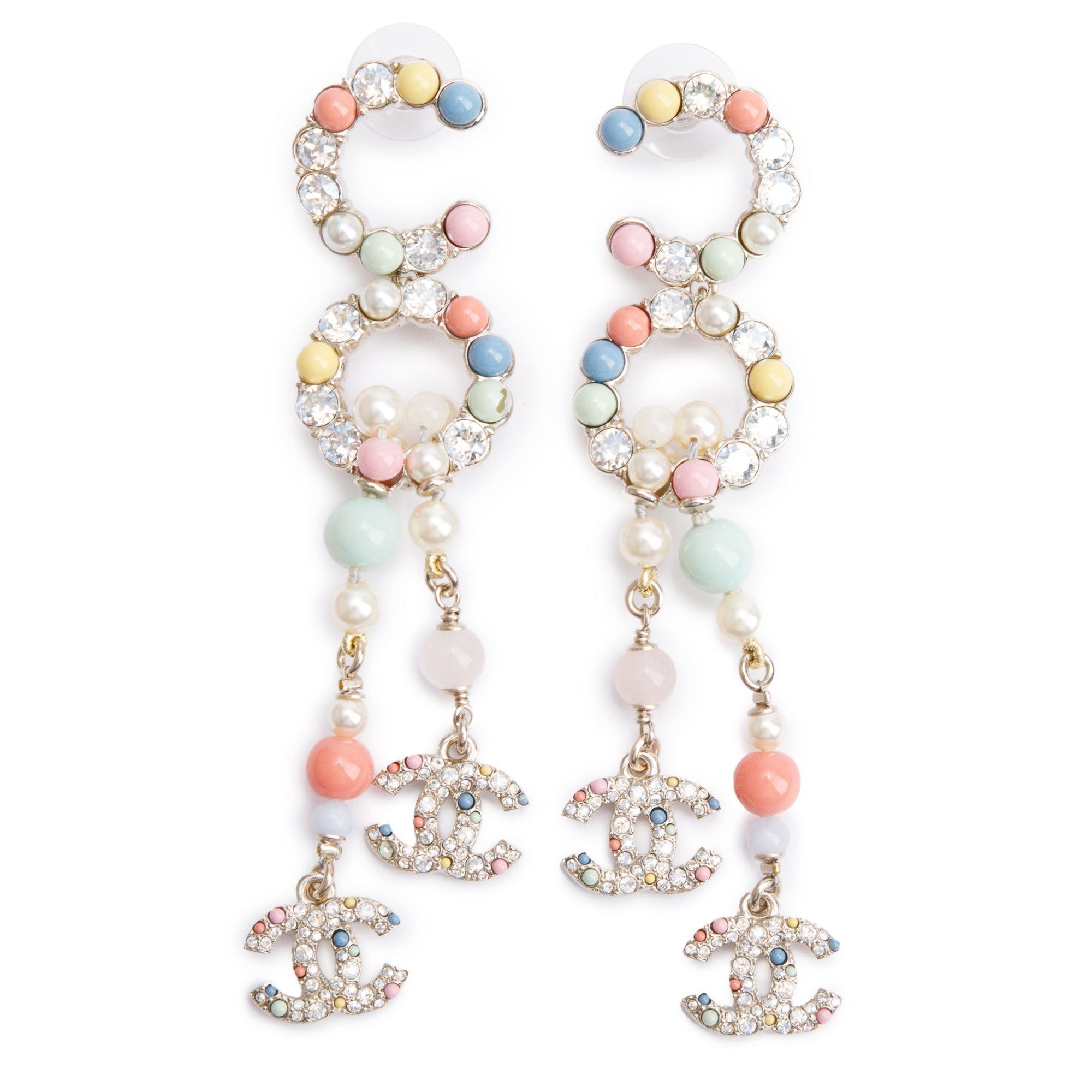 Chanel 2021 Gold Plated Faux Pearl, Strass & Multicolor Resin Bead COCO Drop Earrings w/ Box