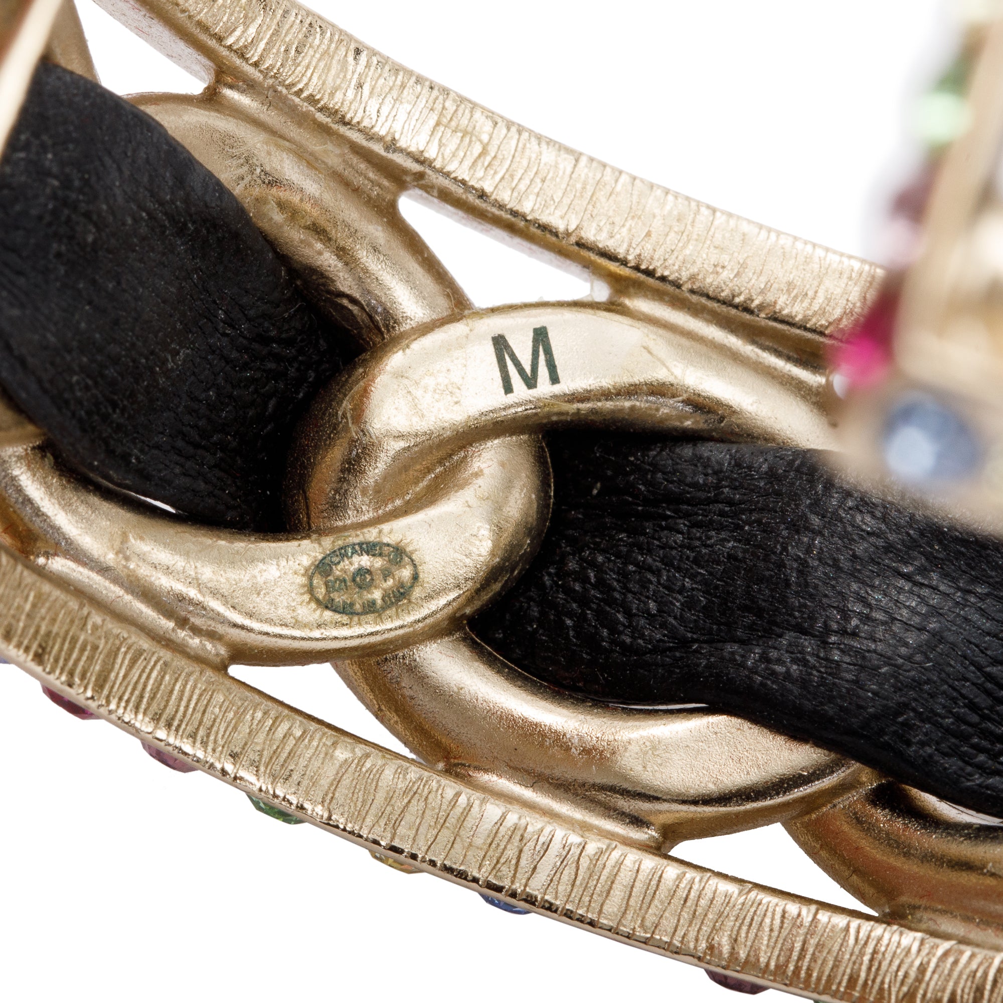 Chanel 2021 Gold Plated Leather & Multicolour Strass Cuff Bracelet