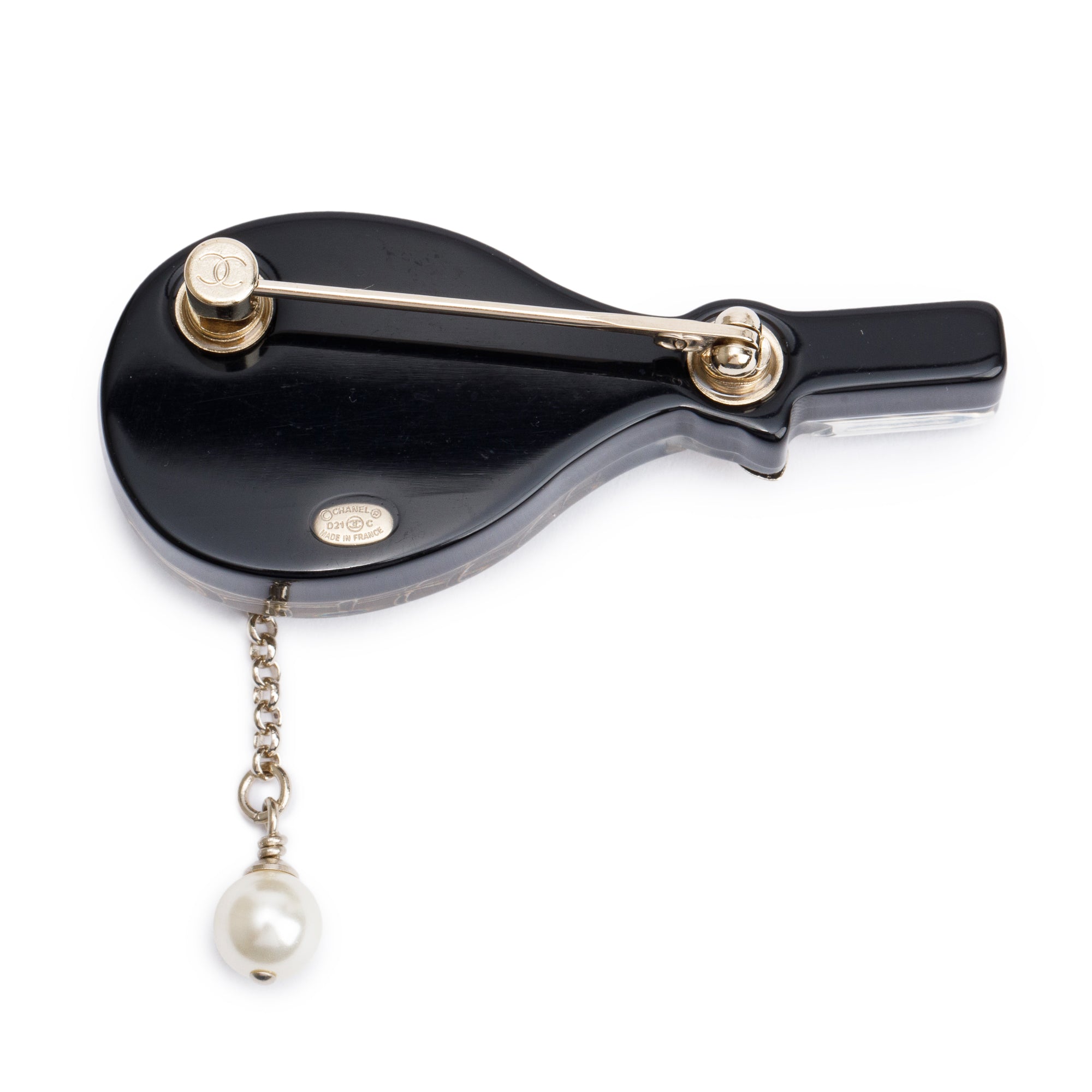 Chanel 2021 Gold Plated Resin, Faux Pearl & Strass Tennis Racket Brooch