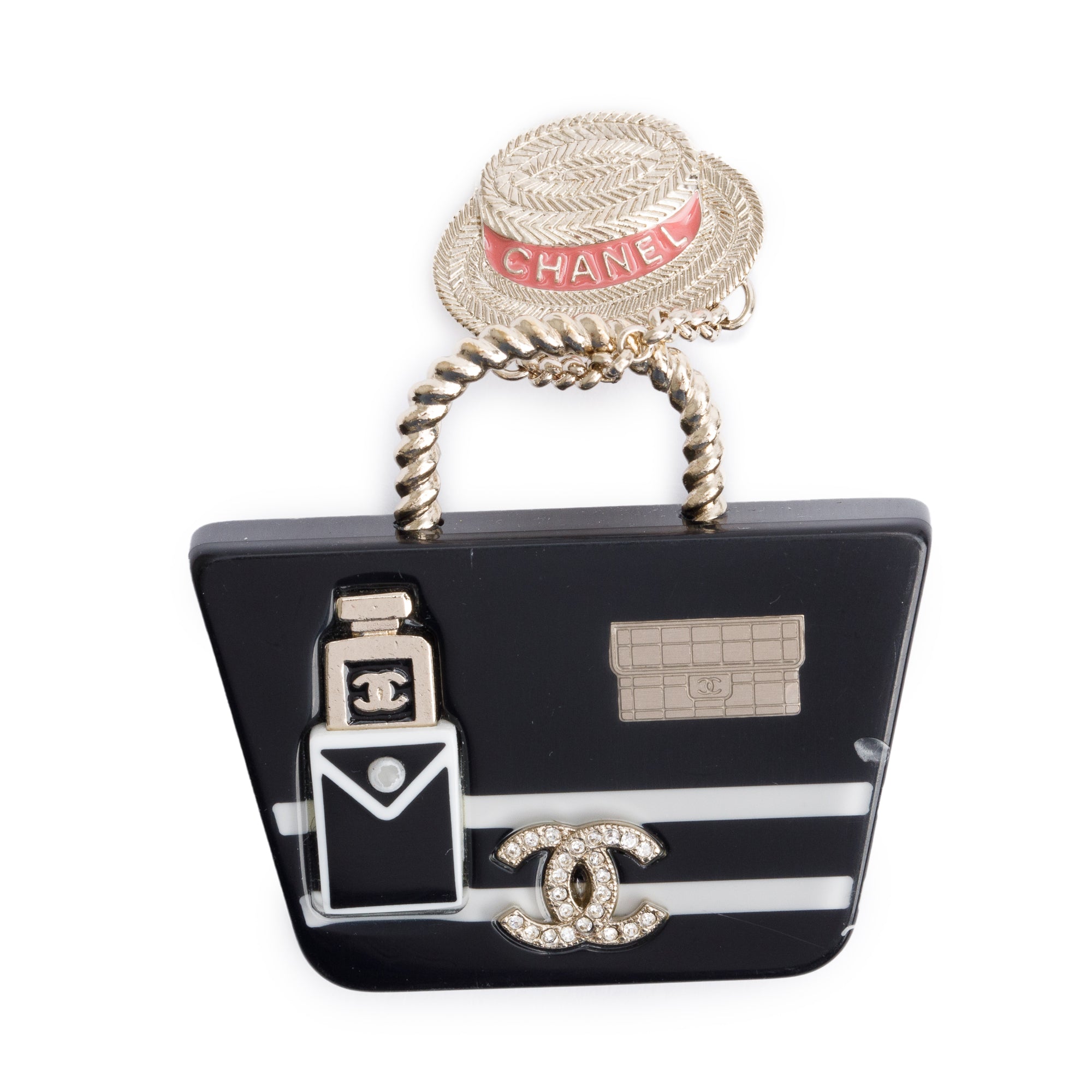 Chanel 2021 Gold Plated Resin & Strass Bag Pin Brooch