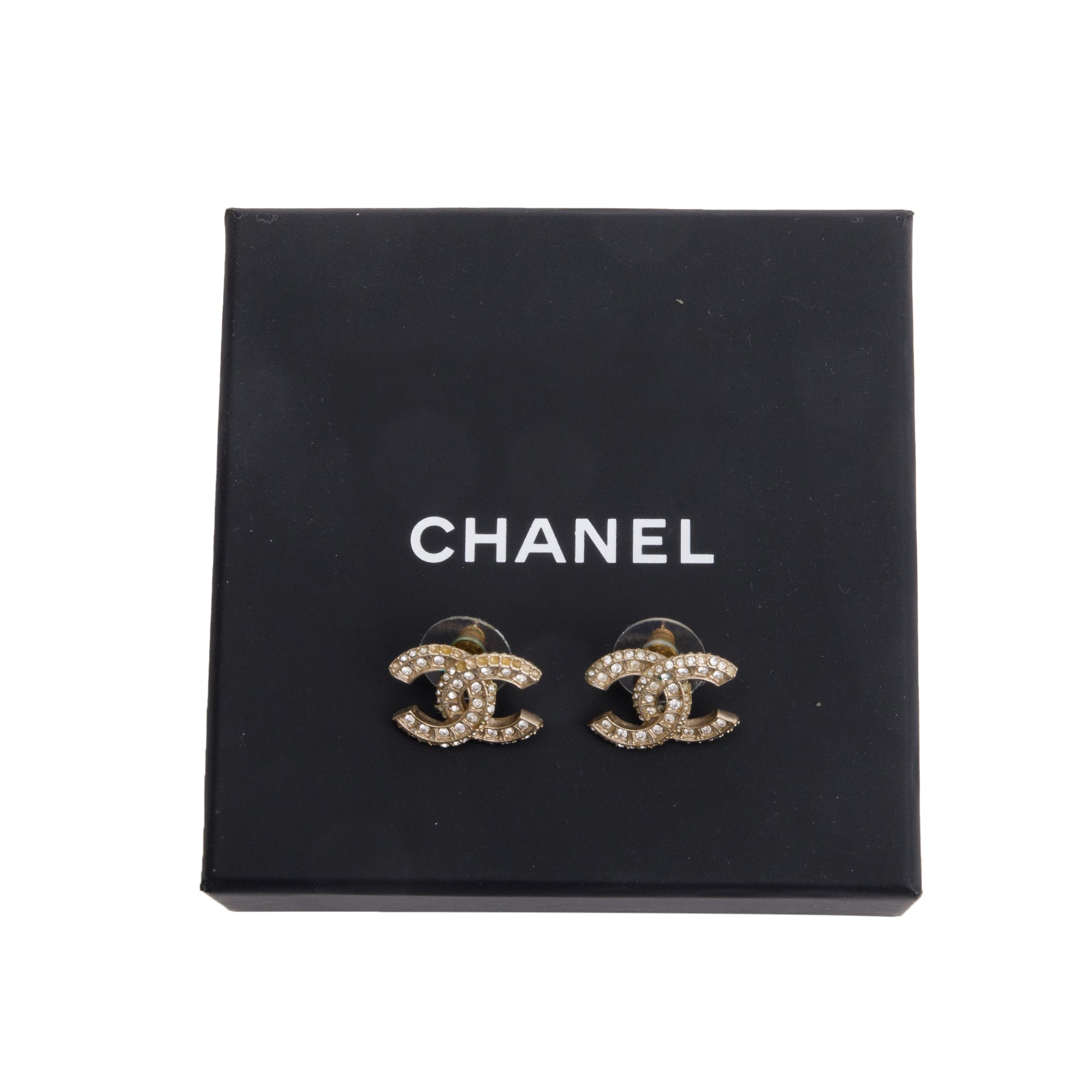 Chanel 2021 Gold Plated Strass CC Stud Earrings w/ Box