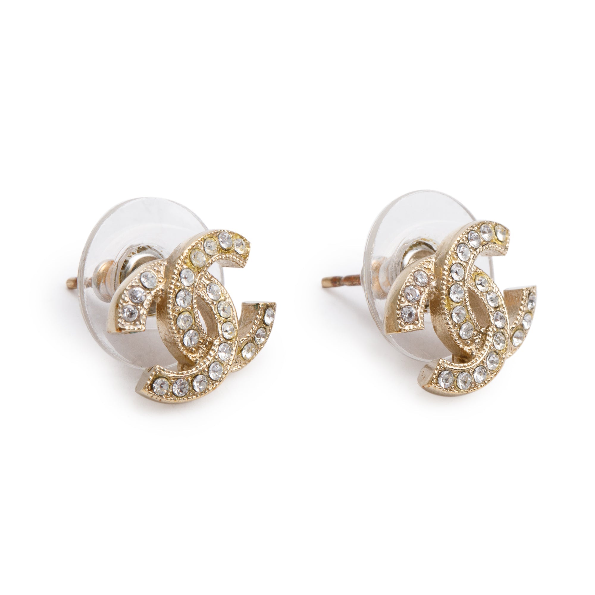 Chanel 2021 Gold Plated Strass CC Stud Earrings w/ Box