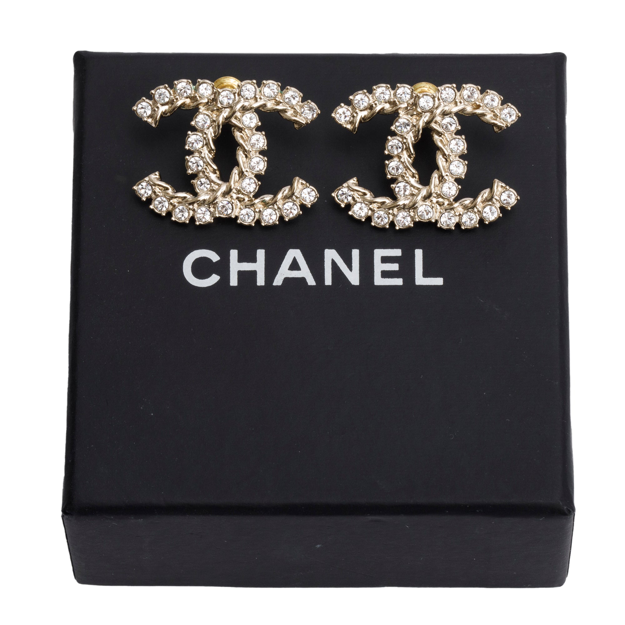 Chanel 2021 Gold Plated Strass CC Stud Earrings w/ Box