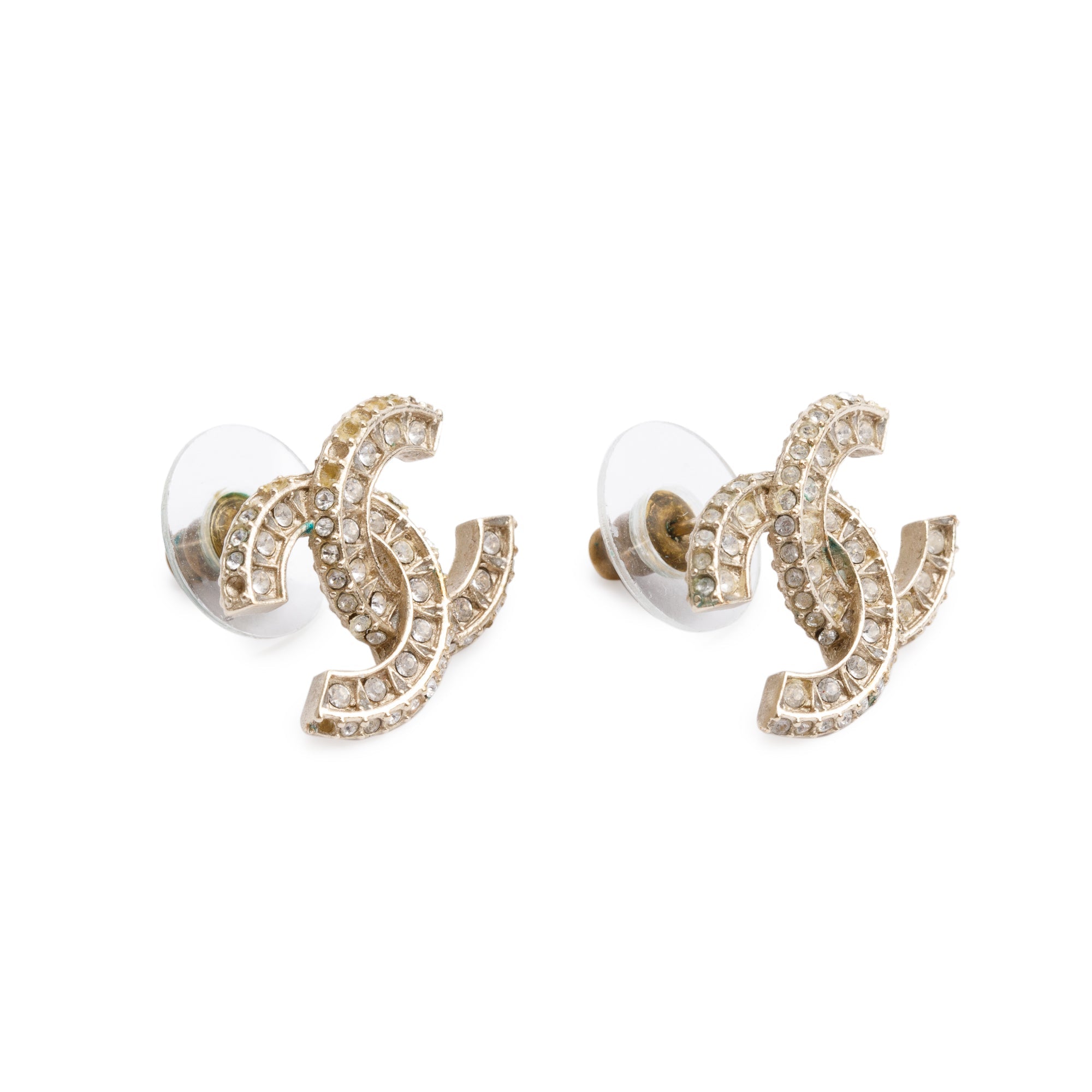 Chanel 2021 Gold Plated Strass CC Stud Earrings w/ Box
