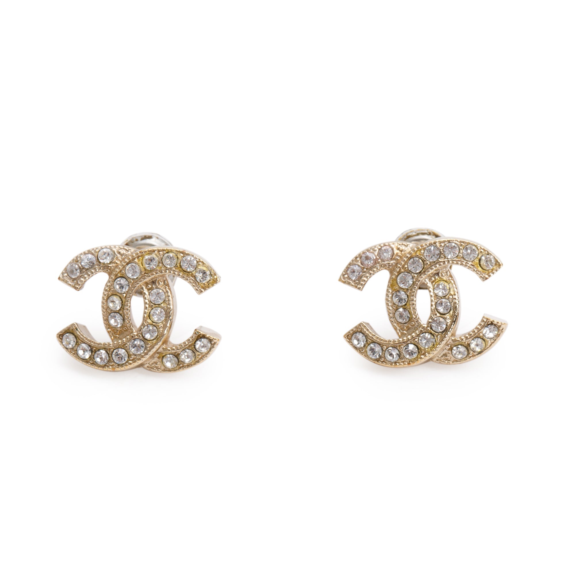 Chanel 2021 Gold Plated Strass CC Stud Earrings w/ Box