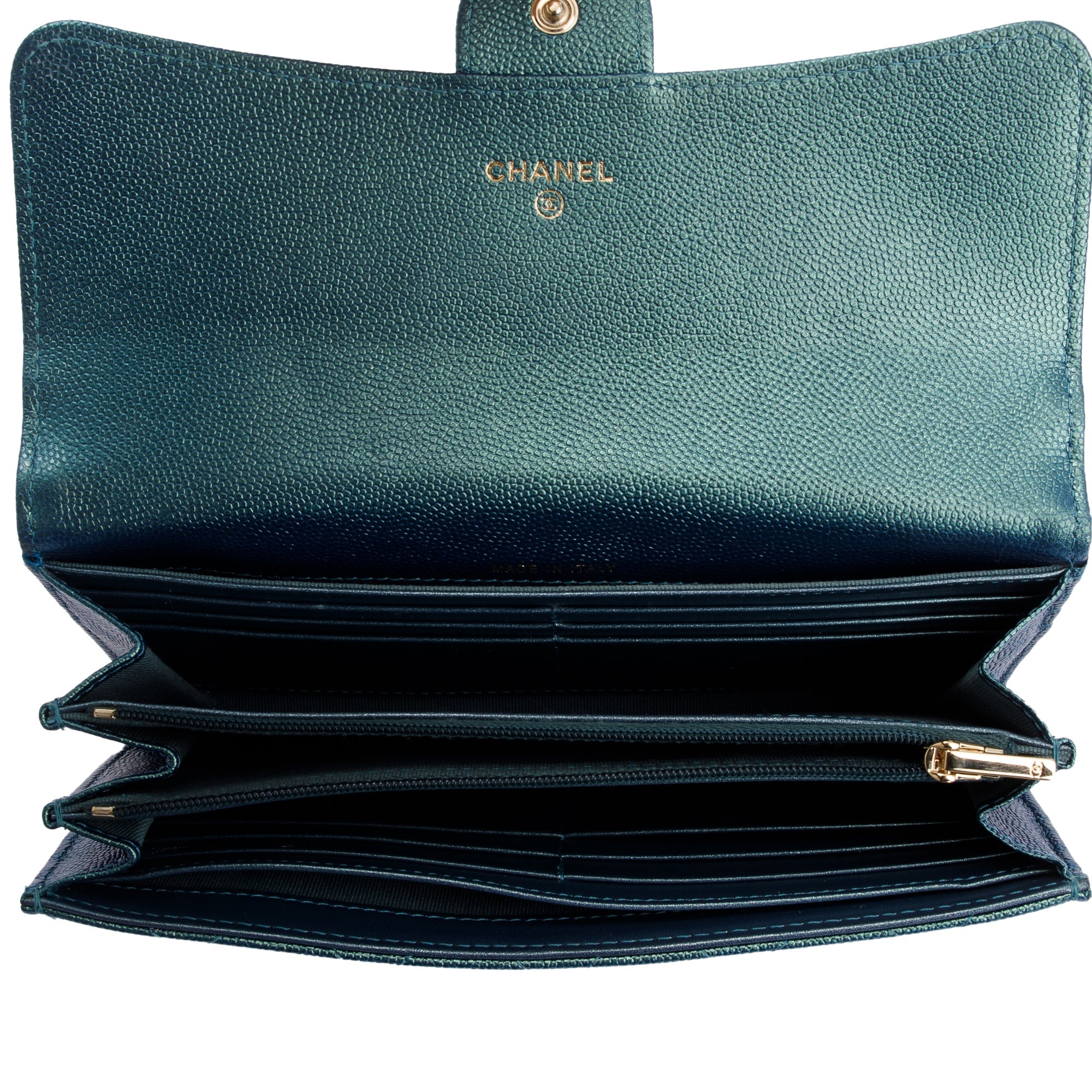 Chanel 2021 Green Iridescent Caviar Leather Classic Long Flap Wallet w/ Box & Authenticity Card