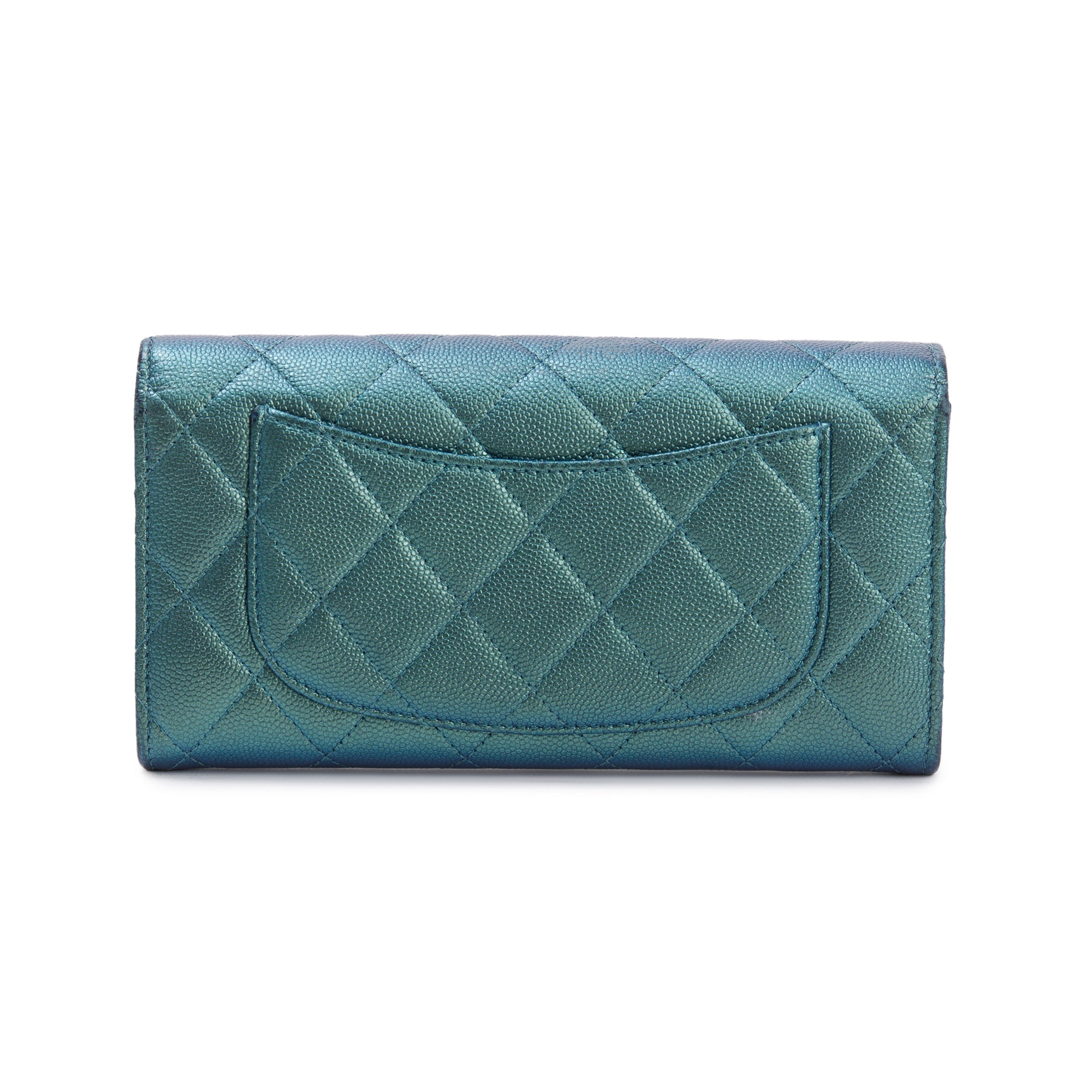 Chanel 2021 Green Iridescent Caviar Leather Classic Long Flap Wallet w/ Box & Authenticity Card