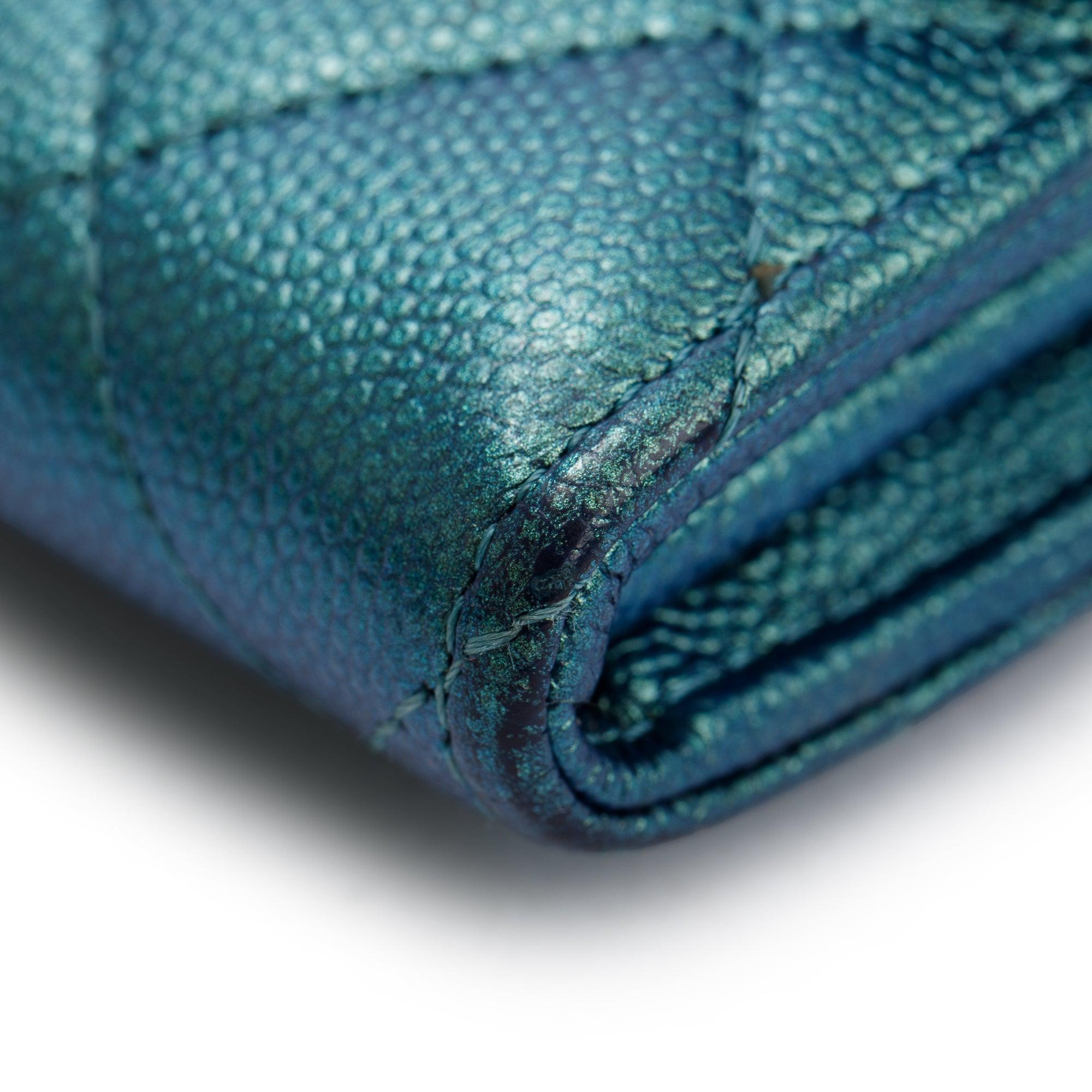 Chanel 2021 Green Iridescent Caviar Leather Classic Long Flap Wallet w/ Box & Authenticity Card