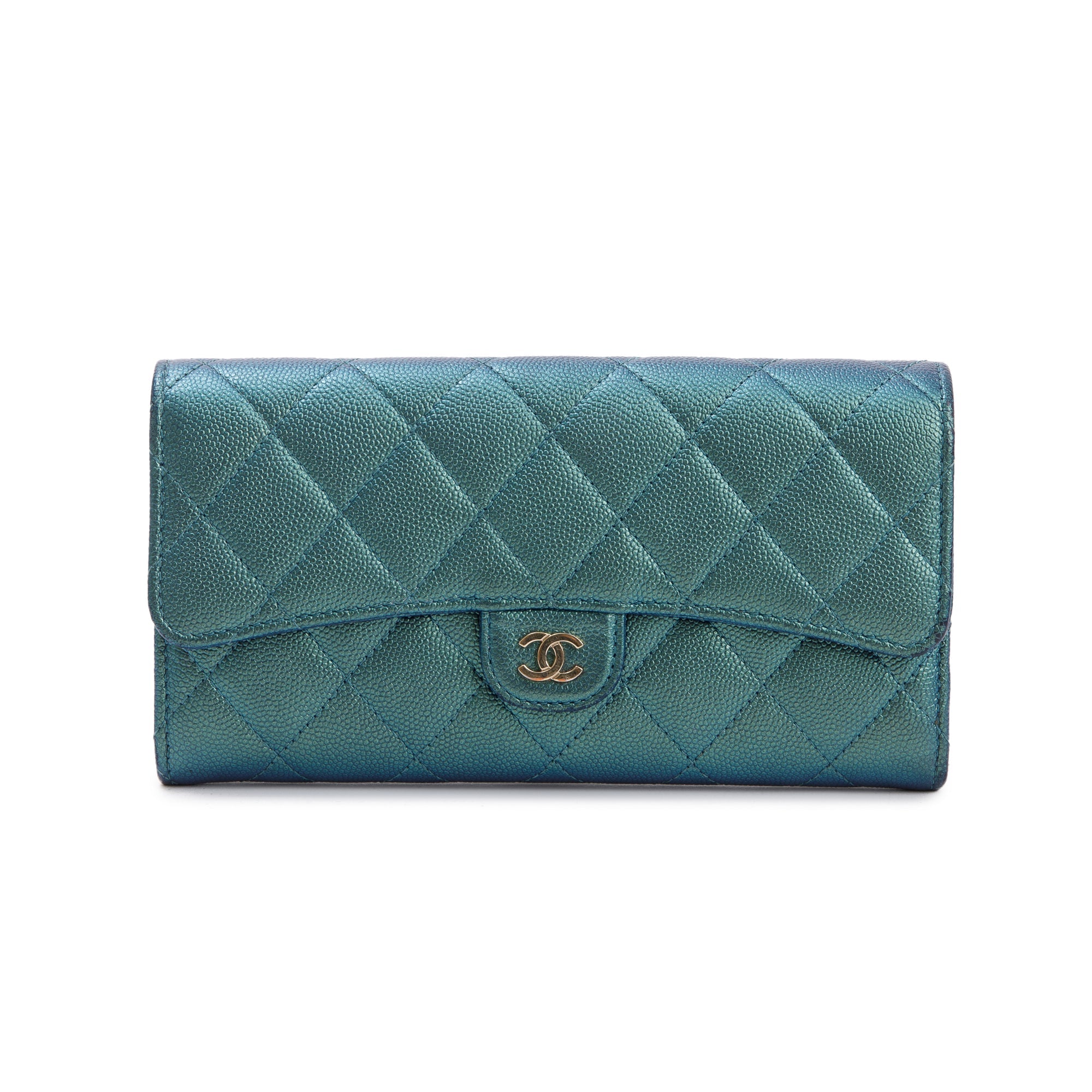 Chanel 2021 Green Iridescent Caviar Leather Classic Long Flap Wallet w/ Box & Authenticity Card