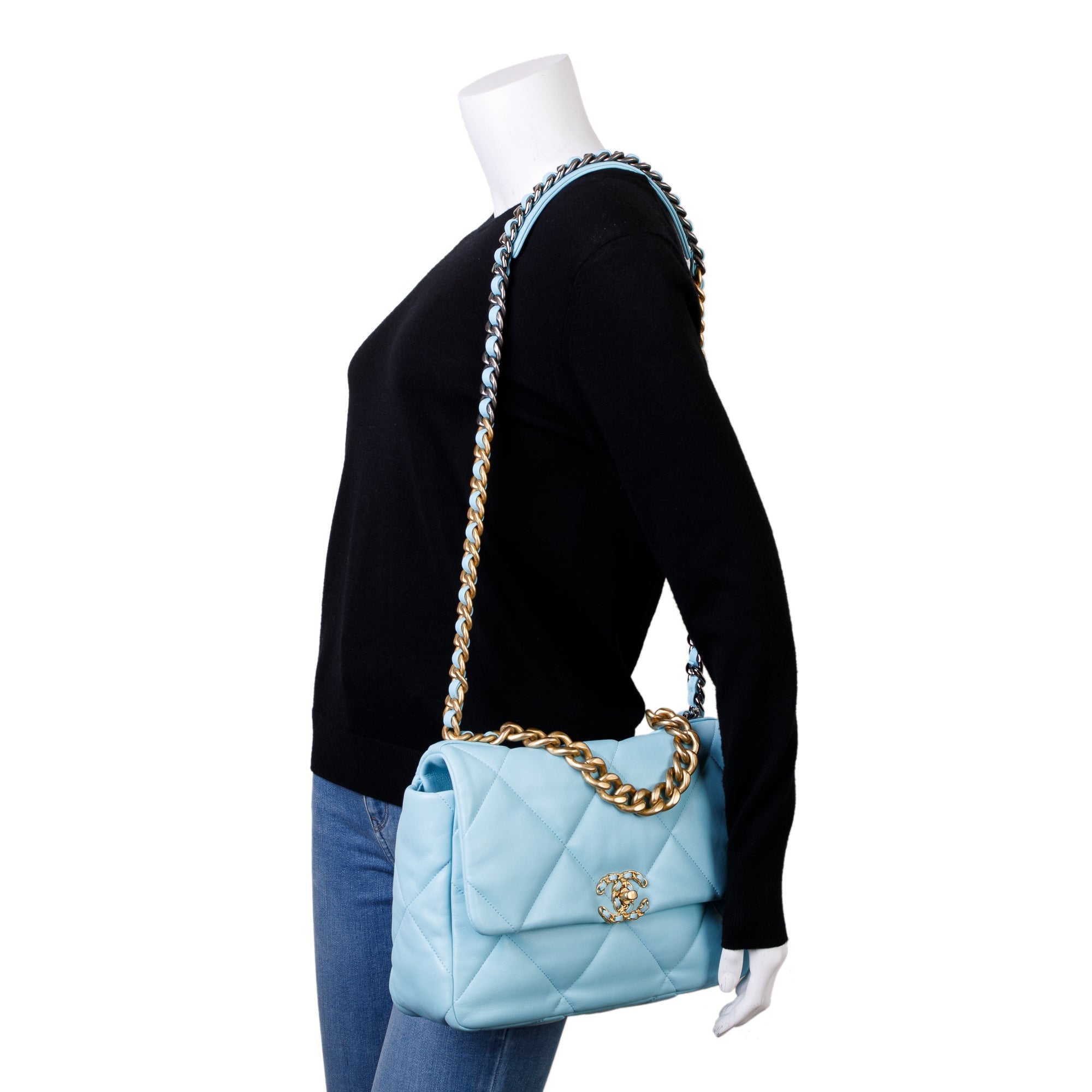 Chanel 2021 Light Blue Lambskin Leather Large 19 Flap Bag w/ Box, Receipt & Authenticity Card