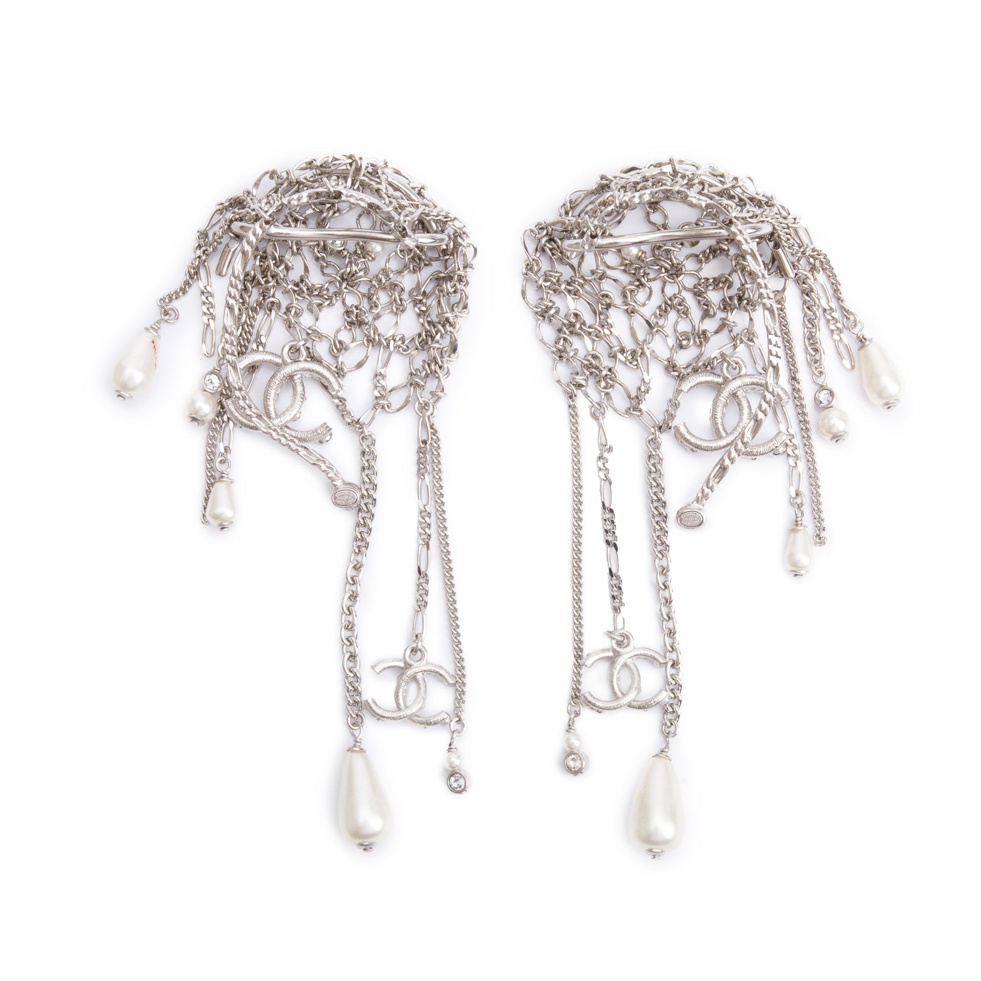 Chanel 2021 Palladium Plated Faux Pearl & Strass Chain Drop Ear Cuffs w/ Pouch