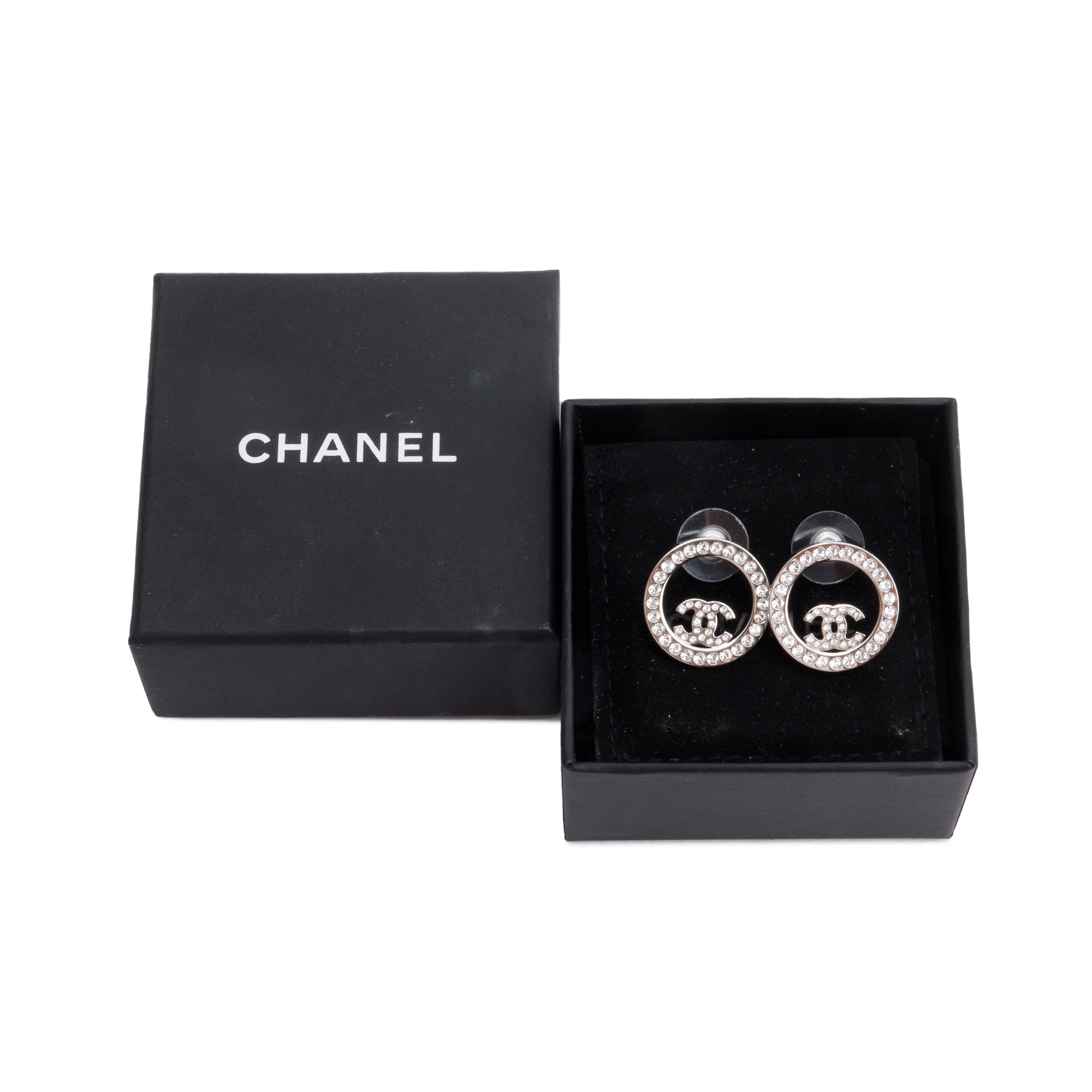 Chanel 2021 Palladium Plated Strass CC Round Earrings w/ Box
