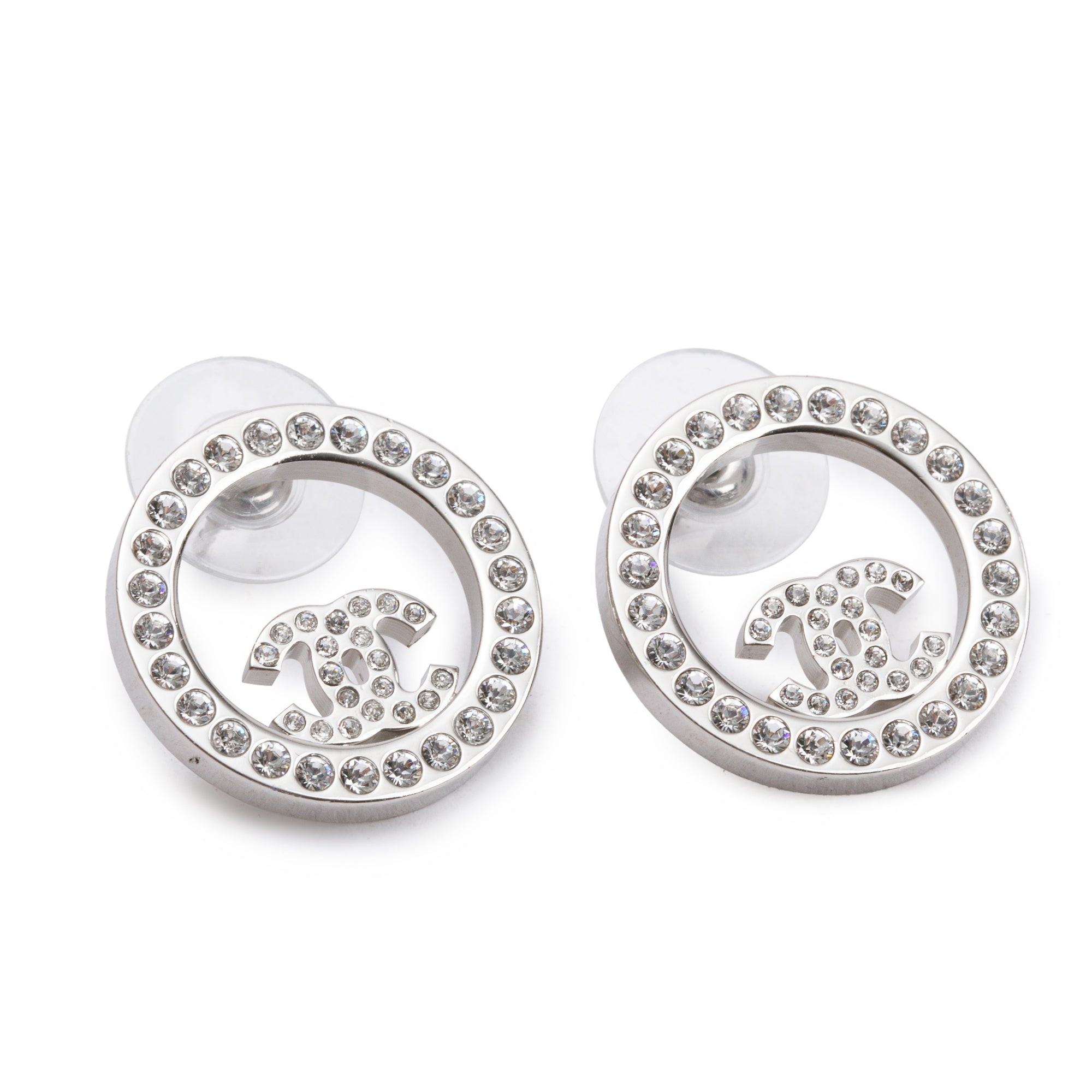 Chanel 2021 Palladium Plated Strass CC Round Earrings w/ Box