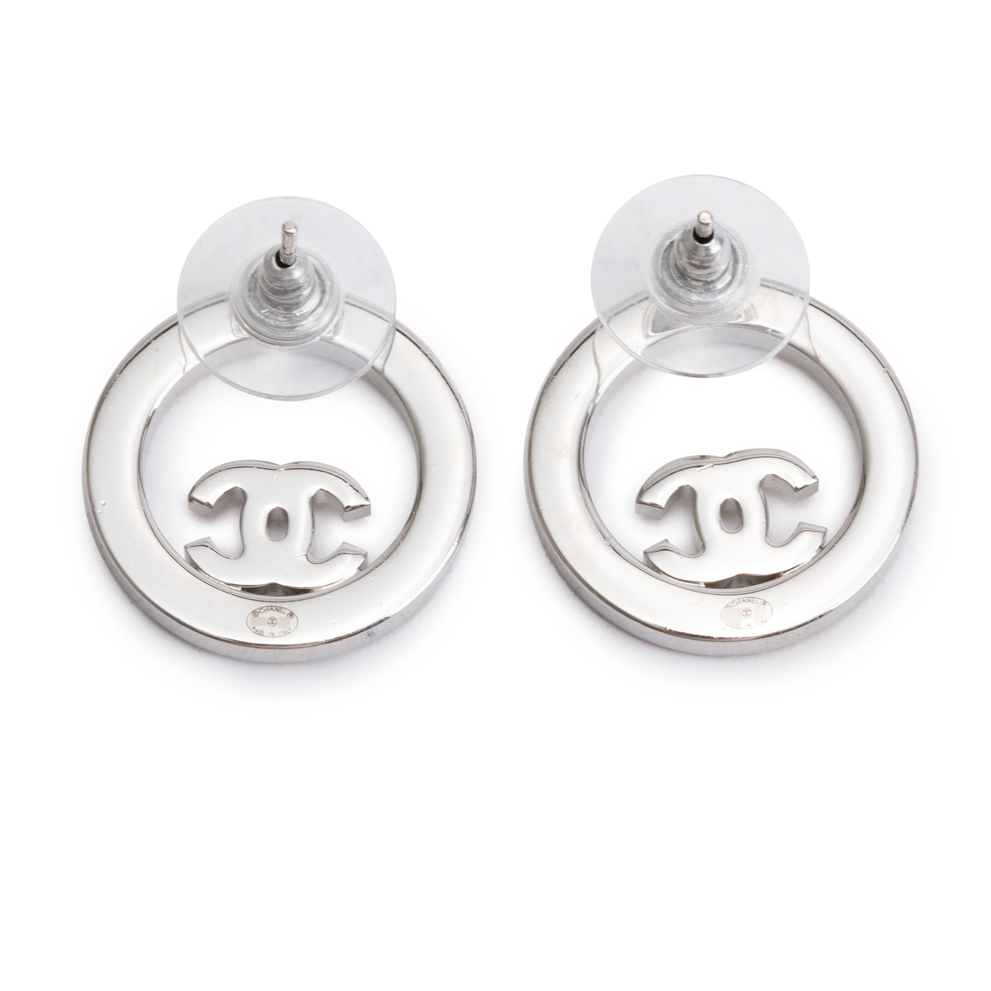 Chanel 2021 Palladium Plated Strass CC Round Earrings w/ Box