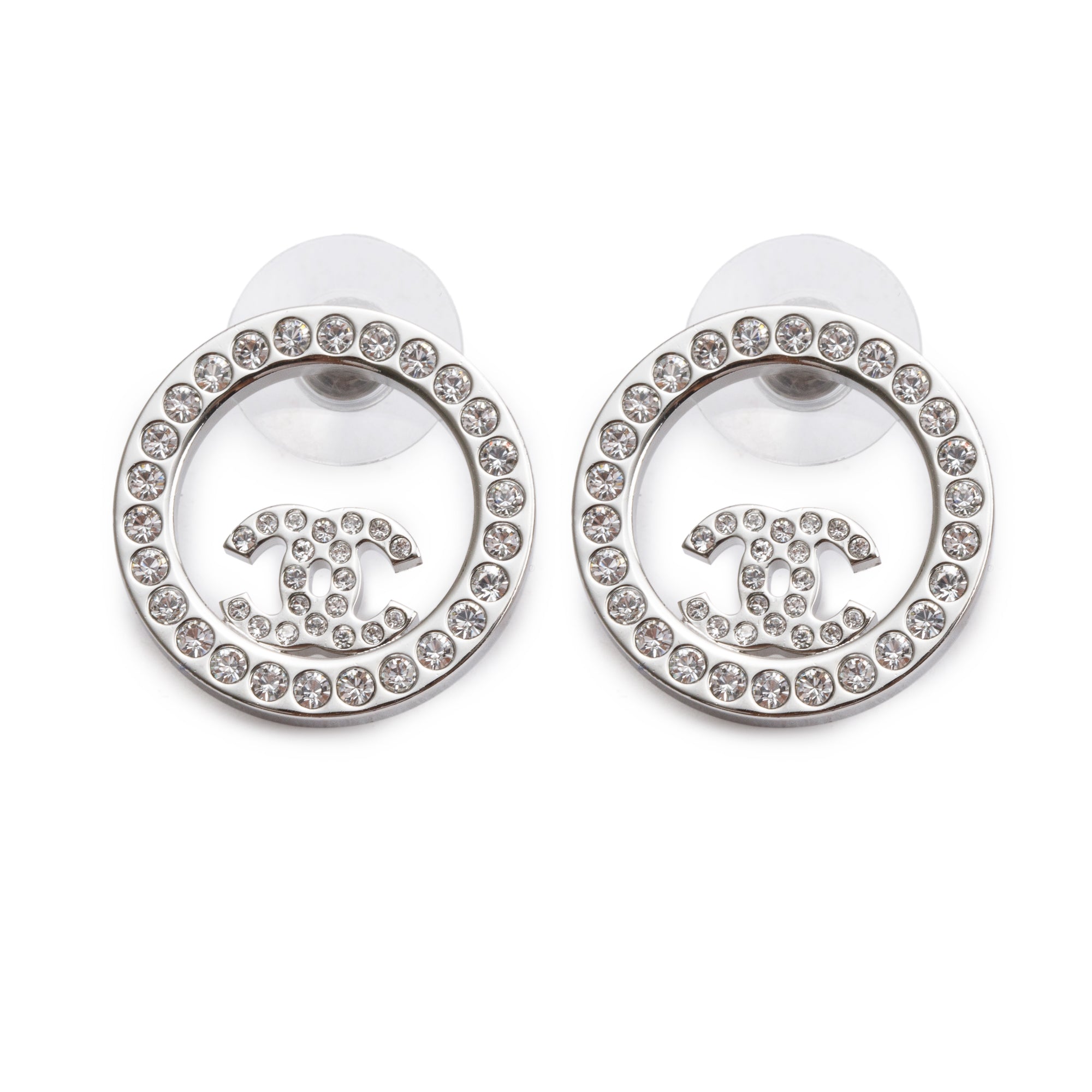 Chanel 2021 Palladium Plated Strass CC Round Earrings w/ Box