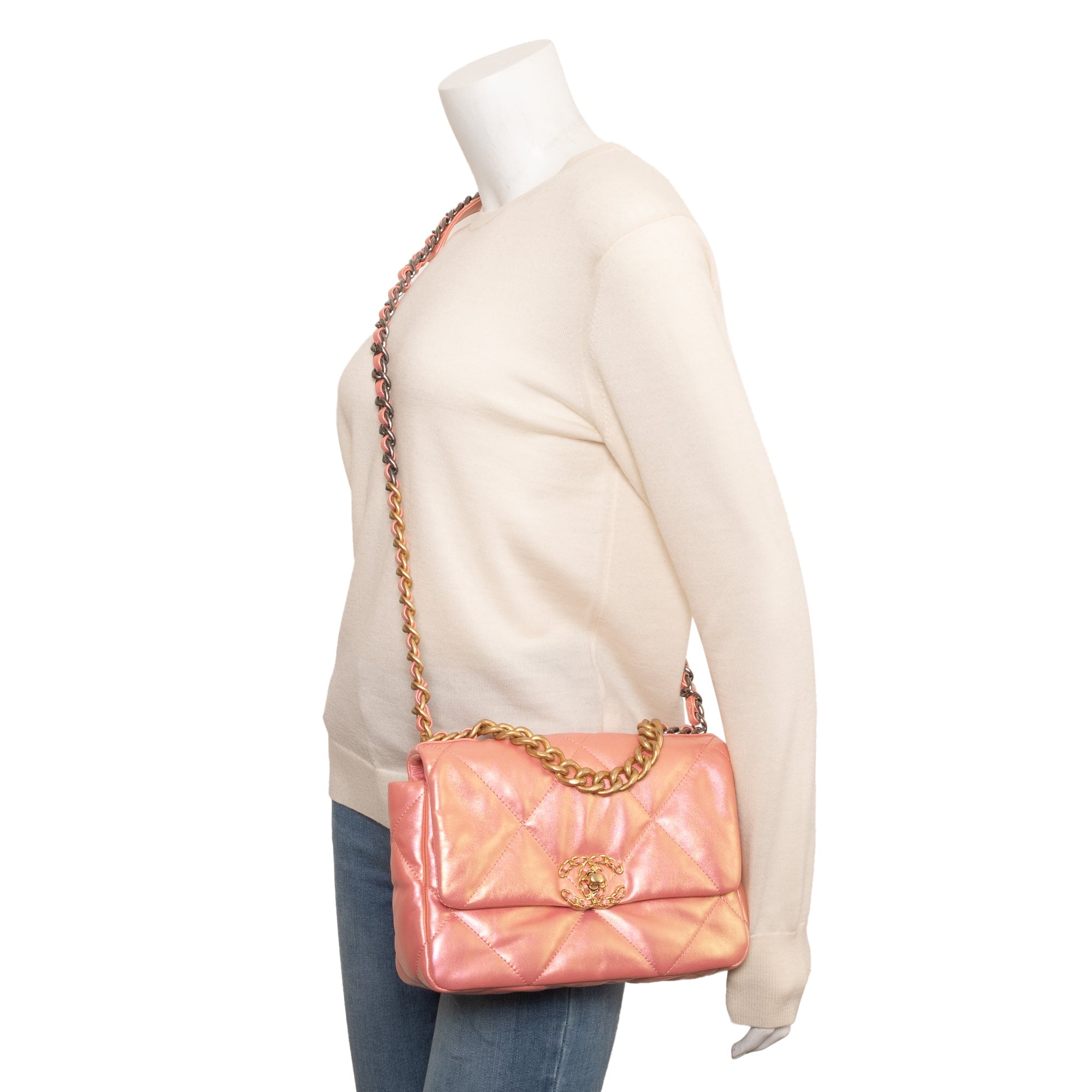 Chanel 2021 Pink Iridescent Lambskin Leather Medium 19 Flap Bag w/ Box & Authenticity Card