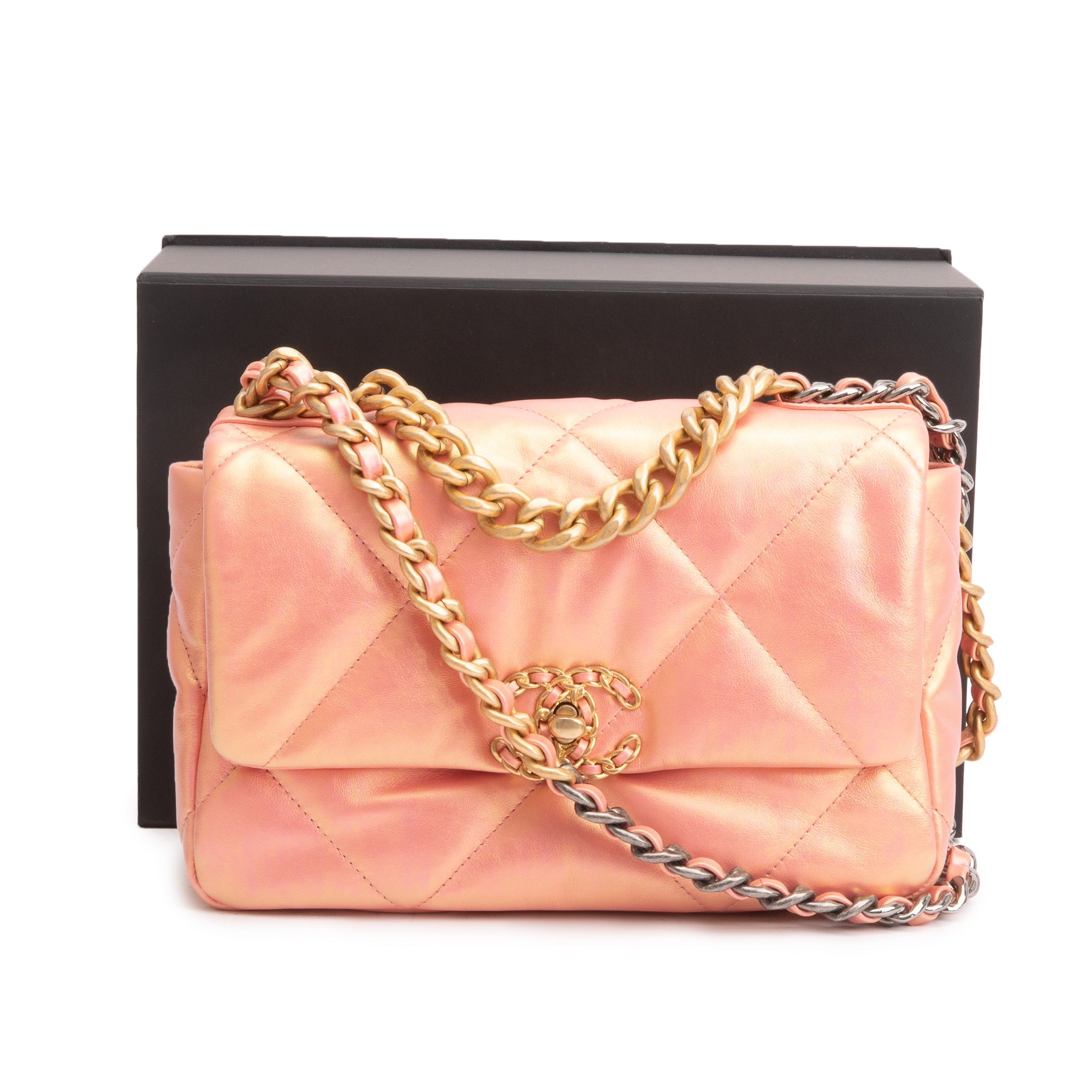 Chanel 2021 Pink Iridescent Lambskin Leather Medium 19 Flap Bag w/ Box & Authenticity Card
