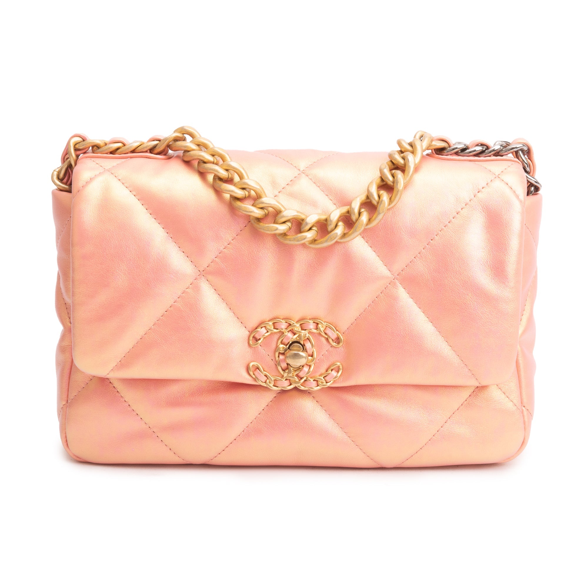 Chanel 2021 Pink Iridescent Lambskin Leather Medium 19 Flap Bag w/ Box & Authenticity Card