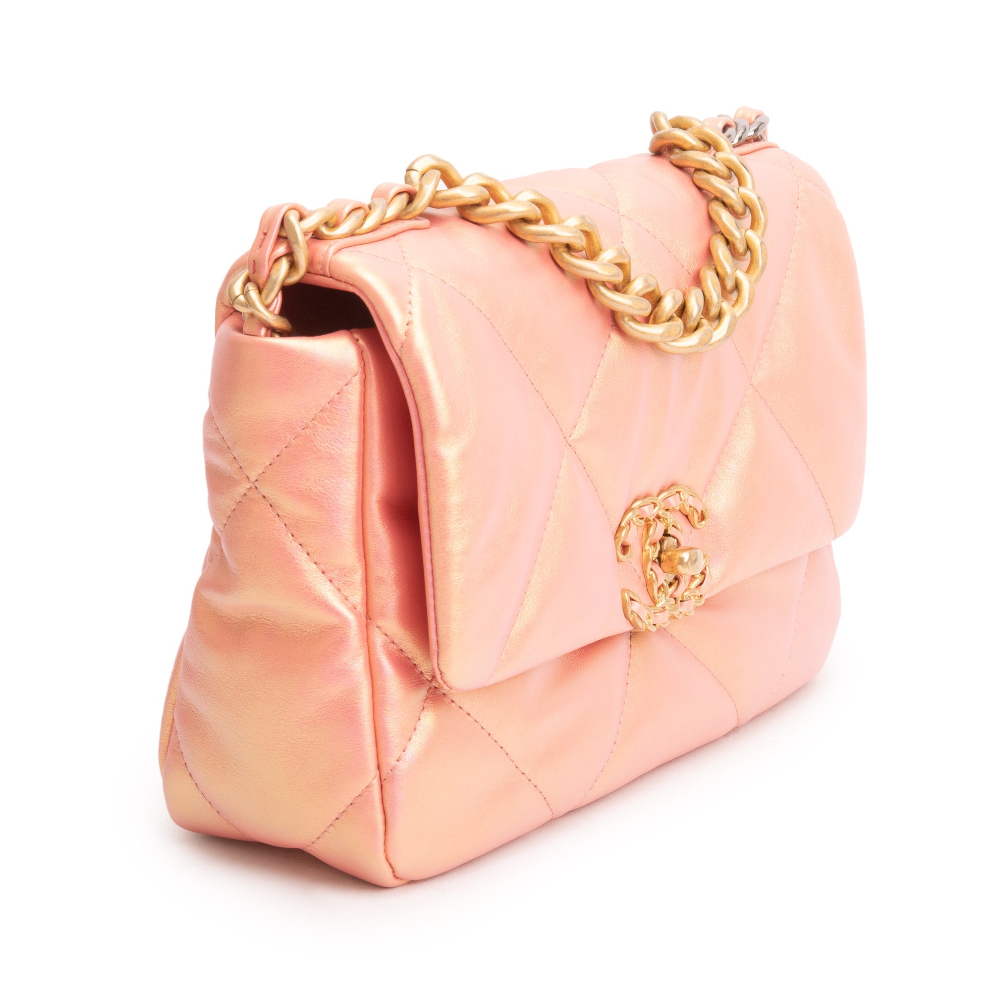 Chanel 2021 Pink Iridescent Lambskin Leather Medium 19 Flap Bag w/ Box & Authenticity Card