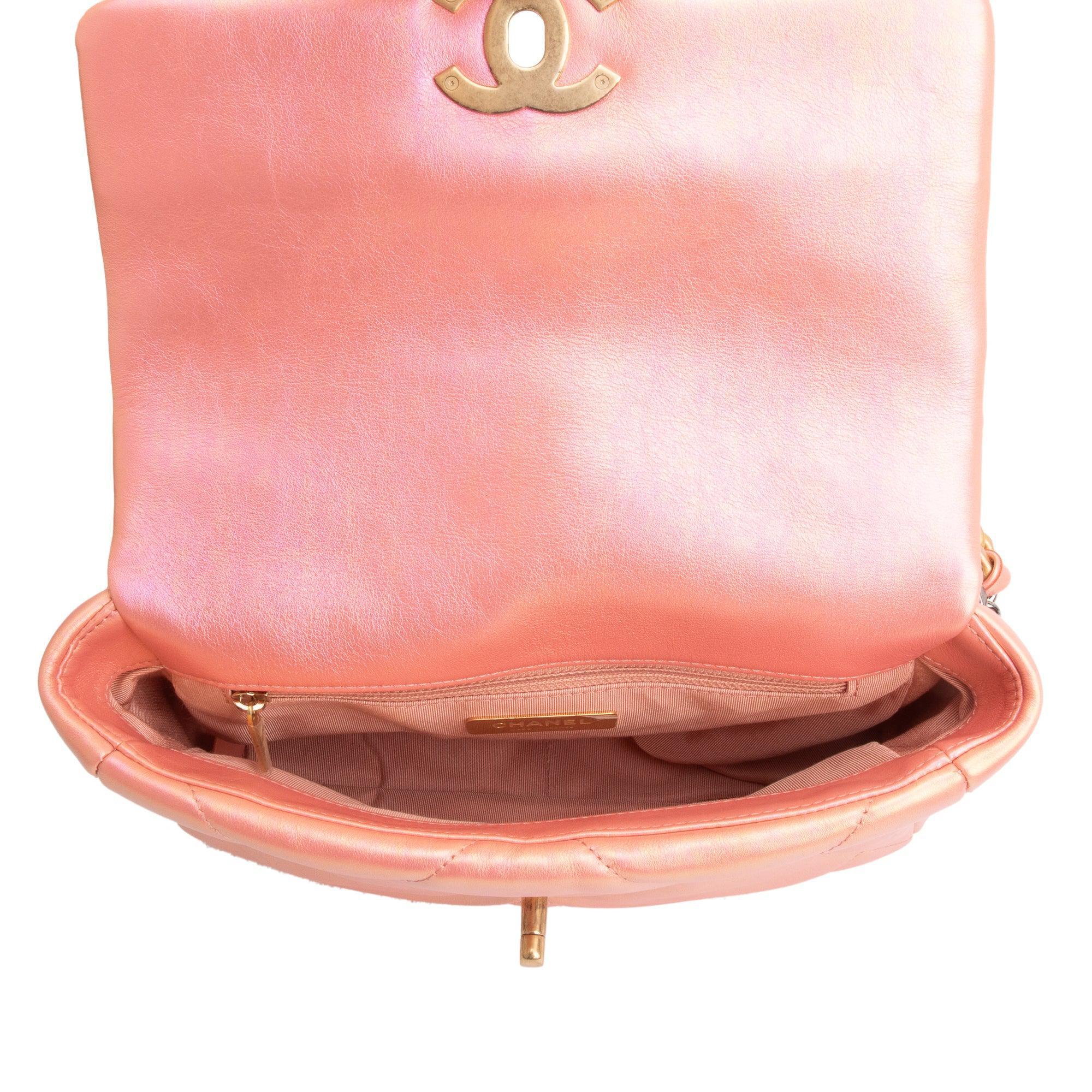 Chanel 2021 Pink Iridescent Lambskin Leather Medium 19 Flap Bag w/ Box & Authenticity Card