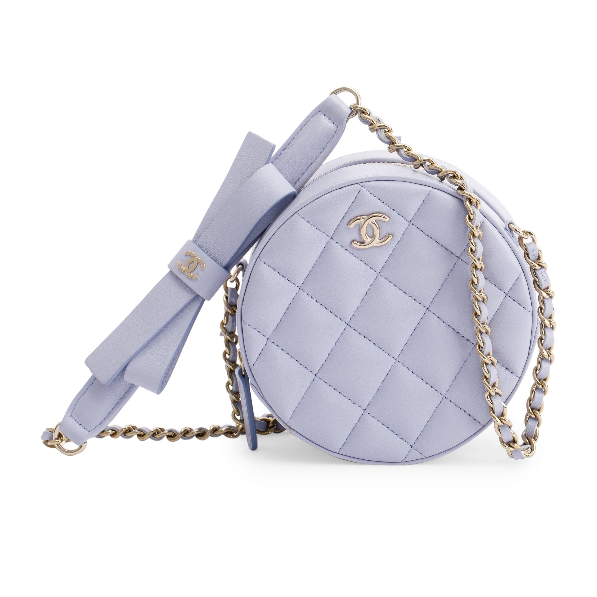 Chanel 2021 Purple Lambskin Bow Strap Round Chain Clutch w/ Box & Authenticity Card